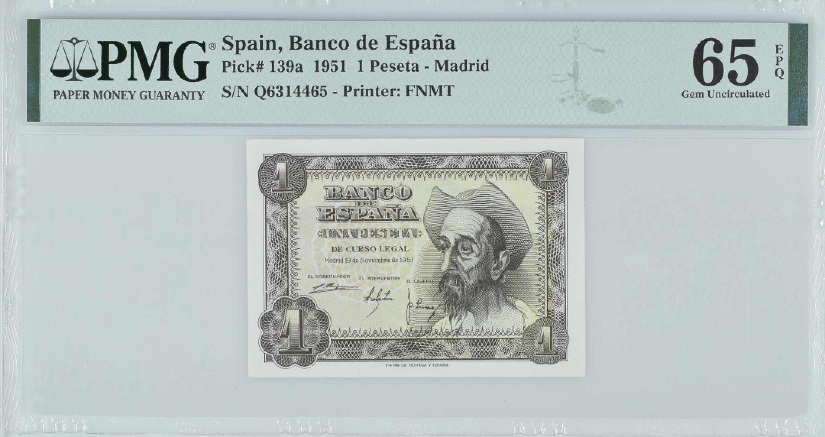 紫瑗钱币——第282期拍卖—纸币团购场（塞尔维亚 西班牙） 满10件包邮 【65 EPQ】西班牙 1951年 唐吉坷德 1比塞塔 PMG (p-139a) Q6314465