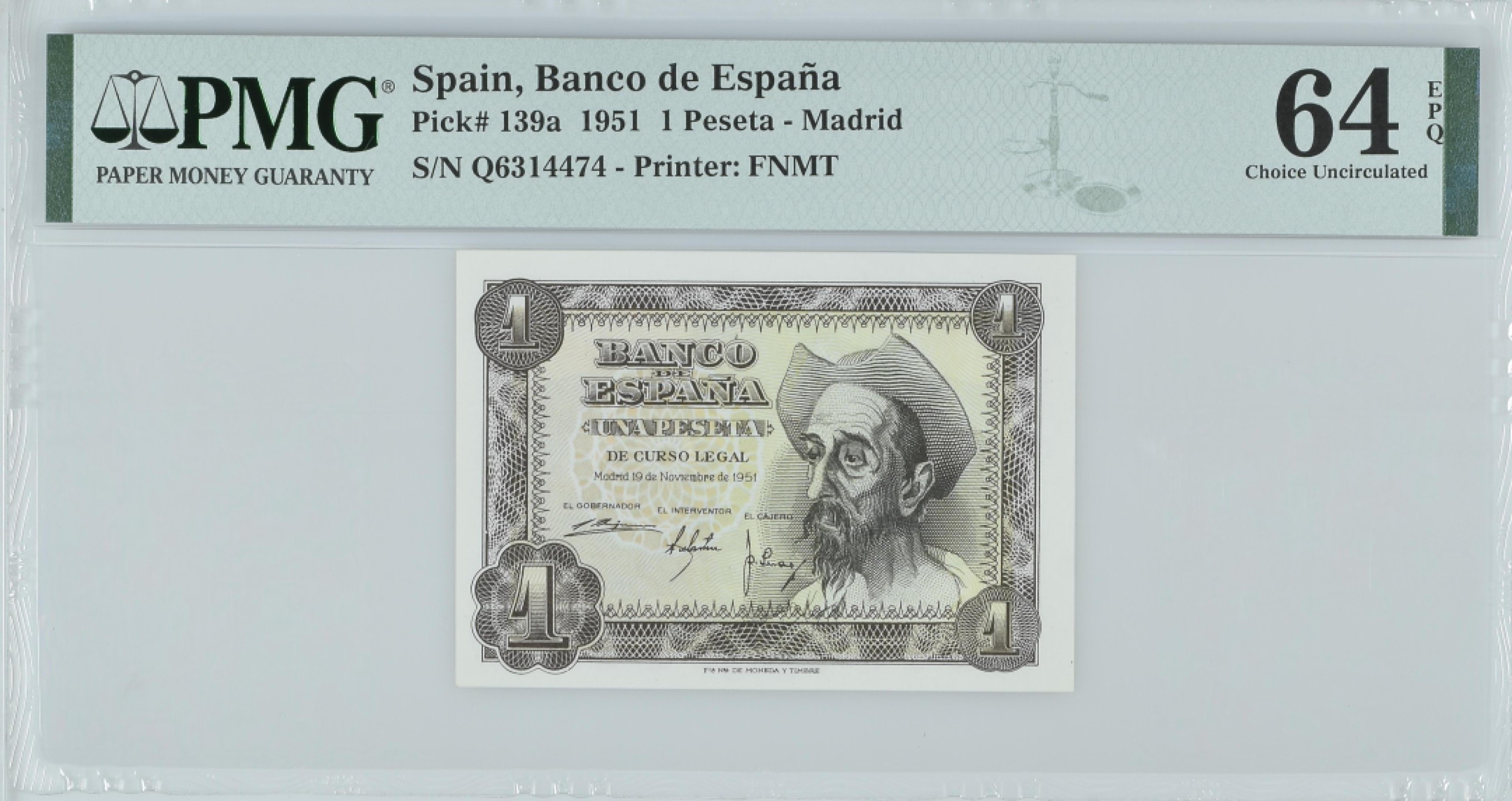 紫瑗钱币——第282期拍卖—纸币团购场（塞尔维亚 西班牙） 满10件包邮 【64 EPQ】西班牙 1951年 唐吉坷德 1比塞塔 PMG (p-139a) Q6314474