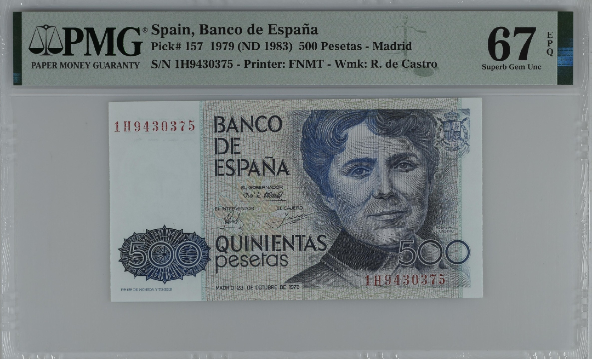 紫瑗钱币——第284期拍卖—纸币团购场 满10件包邮 【67 EPQ】西班牙 1979(1983)年 罗莎莉亚·德·卡斯特罗 500比塞塔 PMG 1H9430375