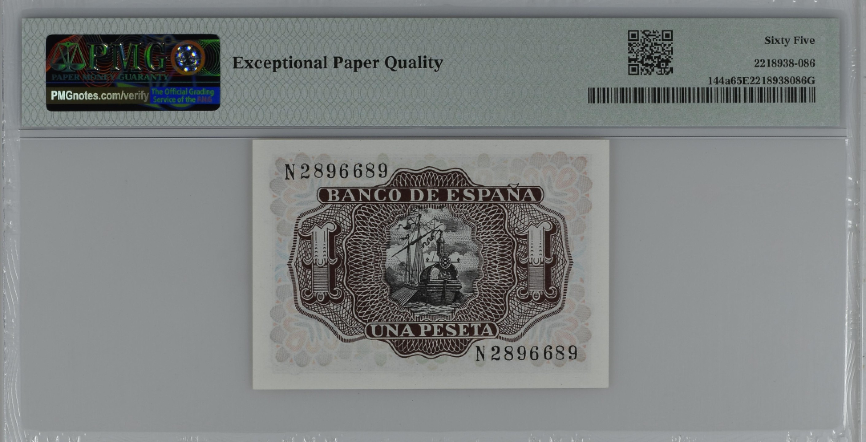 紫瑗钱币——第284期拍卖—纸币团购场 满10件包邮 【65 EPQ】西班牙 1953年  圣克鲁斯侯爵 阿尔瓦罗·德·巴赞 1比塞塔 PMG N2896689