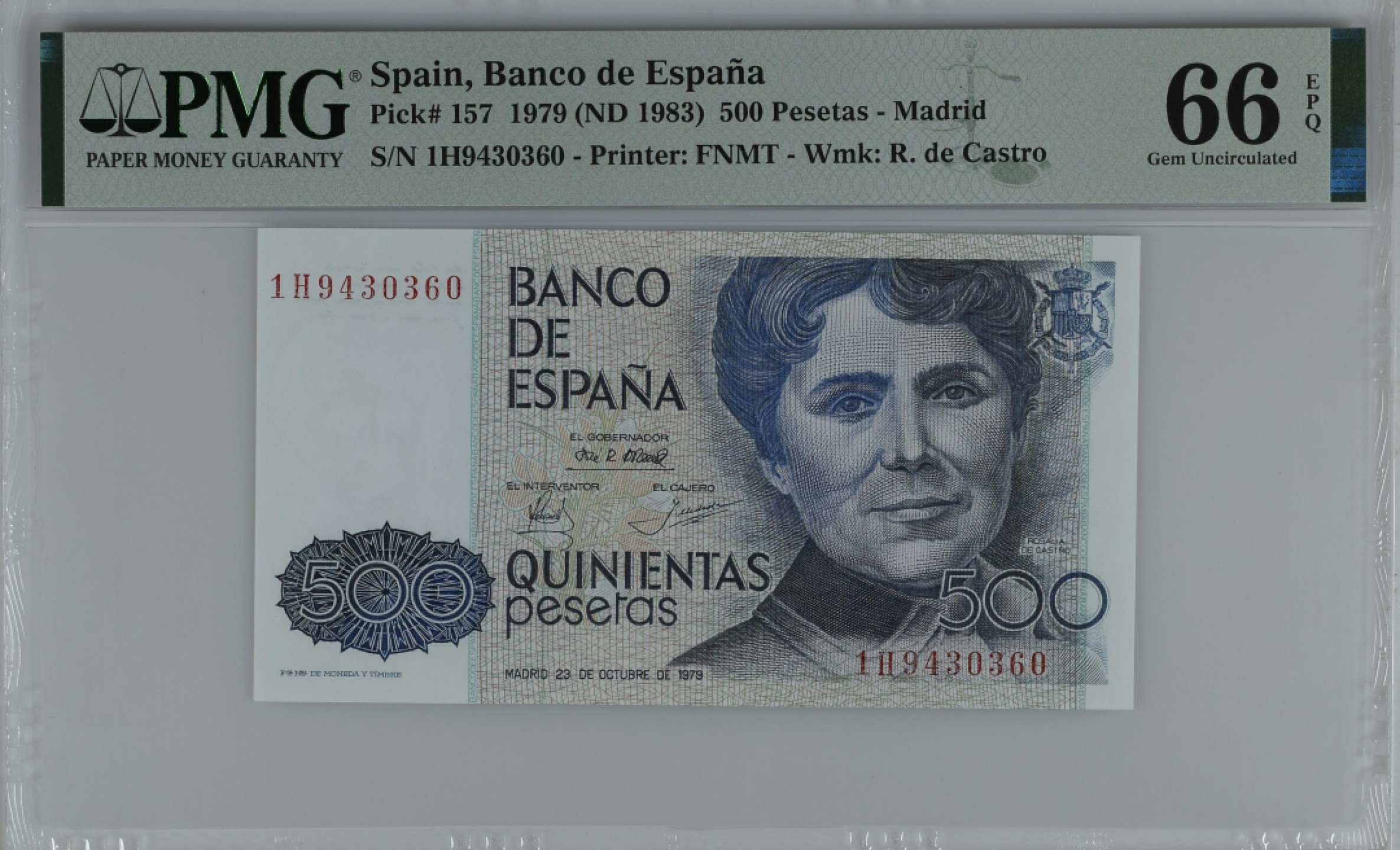 紫瑗钱币——第284期拍卖—纸币团购场 满10件包邮 【66 EPQ】西班牙 1979(1983)年 罗莎莉亚·德·卡斯特罗 500比塞塔 PMG 1H9430360