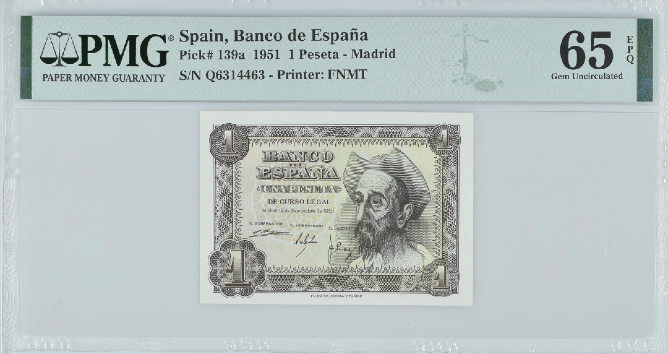 紫瑗钱币——第282期拍卖—纸币团购场（塞尔维亚 西班牙） 满10件包邮 【65 EPQ】西班牙 1951年 唐吉坷德 1比塞塔 PMG (p-139a) Q6314463