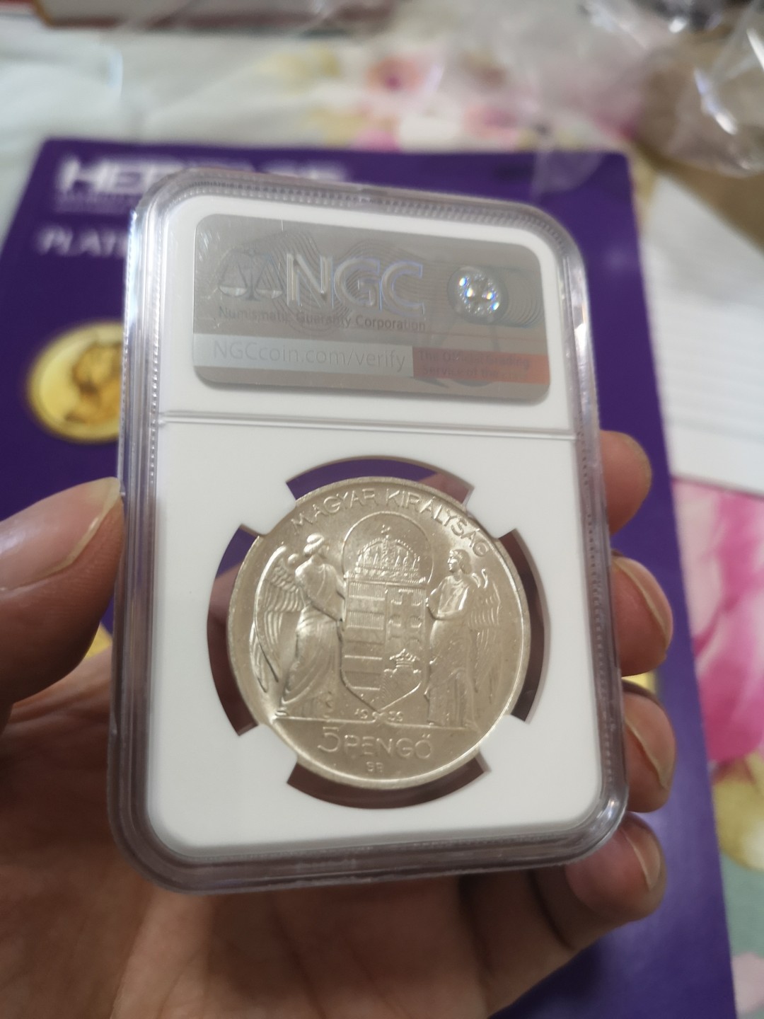 长老汇精品老银币系列 匈牙利1939霍尔蒂上将5潘果精制大银币，NGC MS61