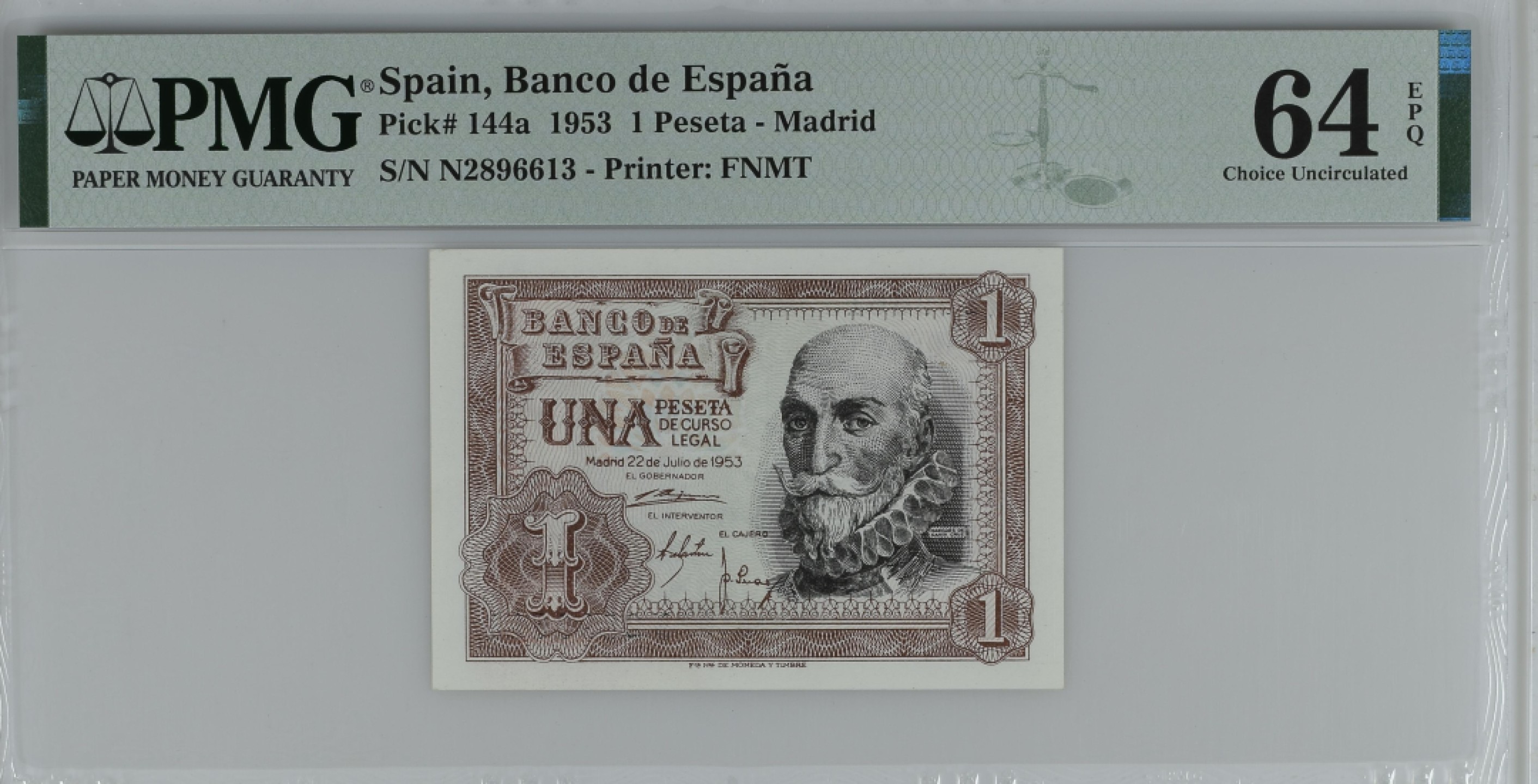 紫瑗钱币——第284期拍卖—纸币团购场 满10件包邮 【64 EPQ】西班牙 1953年  圣克鲁斯侯爵 阿尔瓦罗·德·巴赞 1比塞塔 PMG N2896613