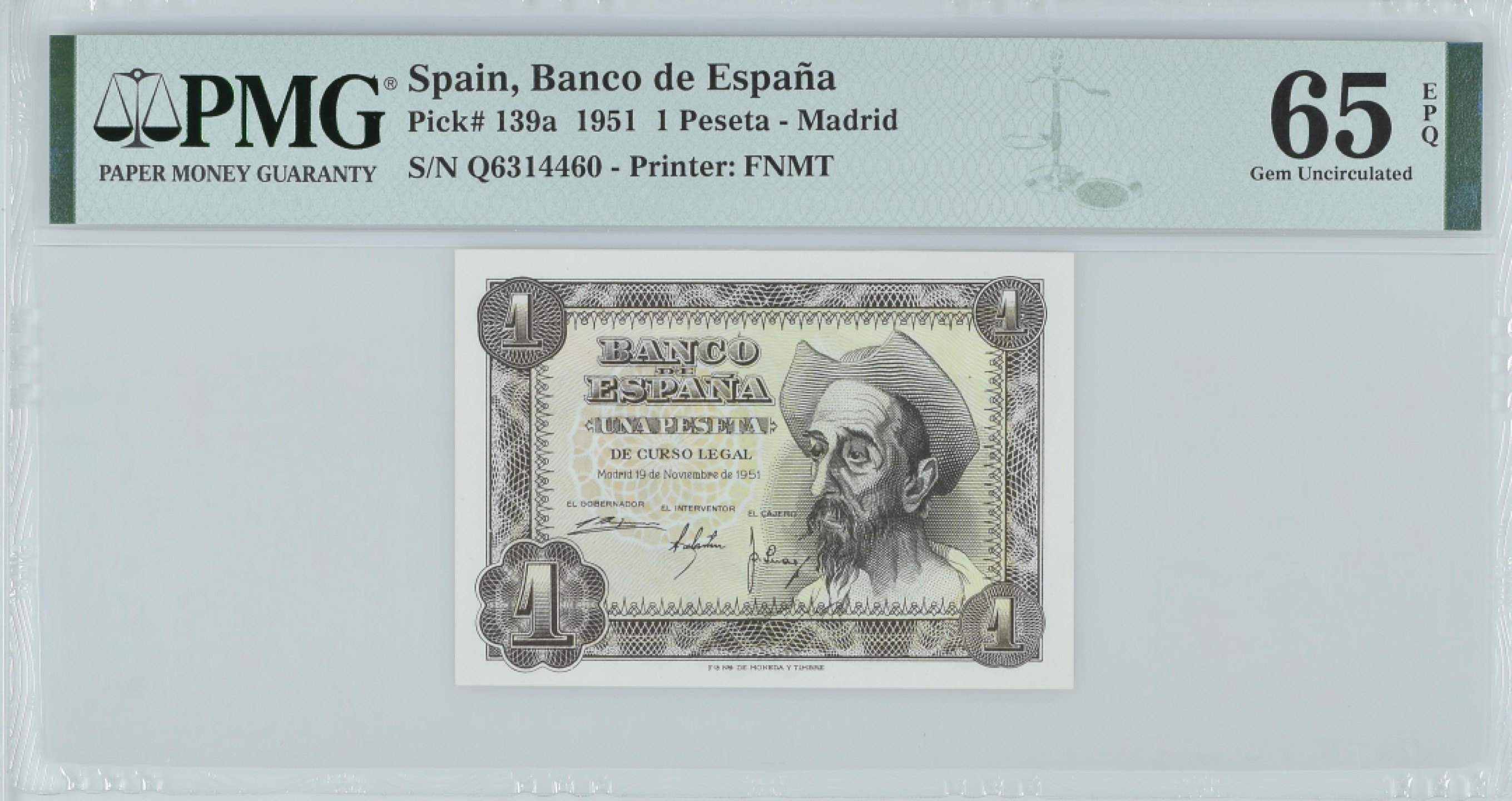 紫瑗钱币——第282期拍卖—纸币团购场（塞尔维亚 西班牙） 满10件包邮 【65 EPQ】西班牙 1951年 唐吉坷德 1比塞塔 PMG (p-139a) Q6314460