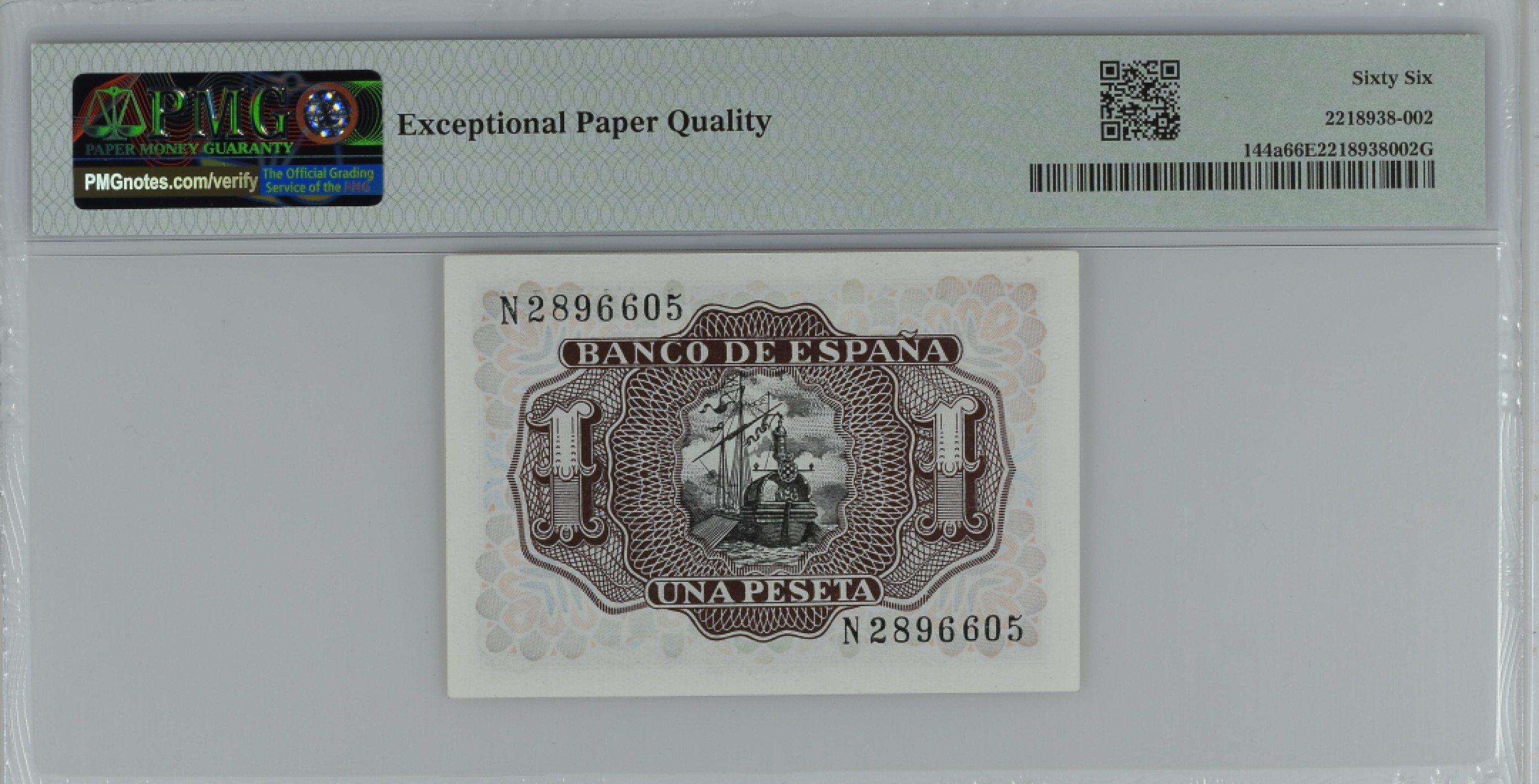 紫瑗钱币——第284期拍卖—纸币团购场 满10件包邮 【66 EPQ】西班牙 1953年  圣克鲁斯侯爵 阿尔瓦罗·德·巴赞 1比塞塔 PMG N2896605