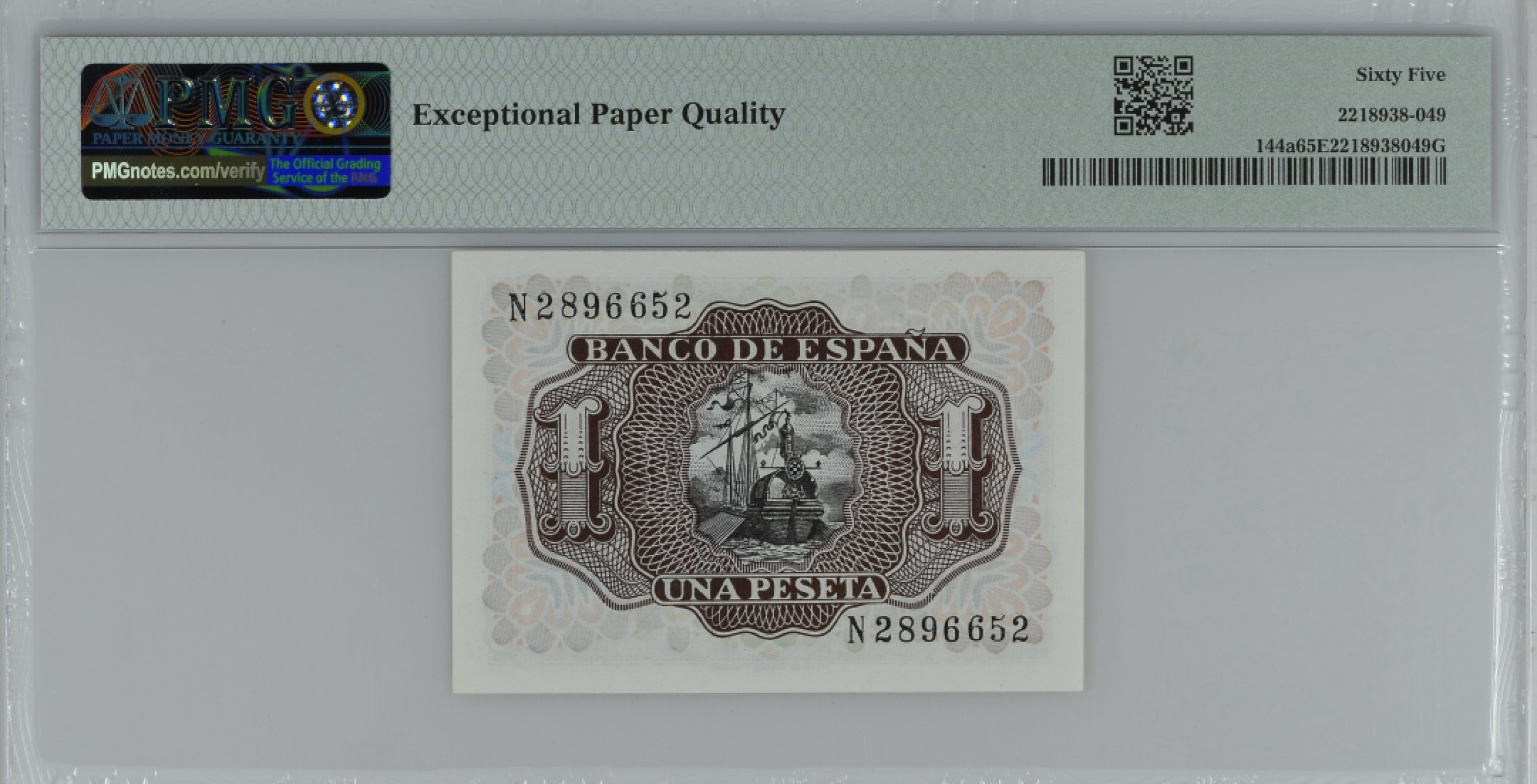 紫瑗钱币——第284期拍卖—纸币团购场 满10件包邮 【65 EPQ】西班牙 1953年  圣克鲁斯侯爵 阿尔瓦罗·德·巴赞 1比塞塔 PMG N2896652