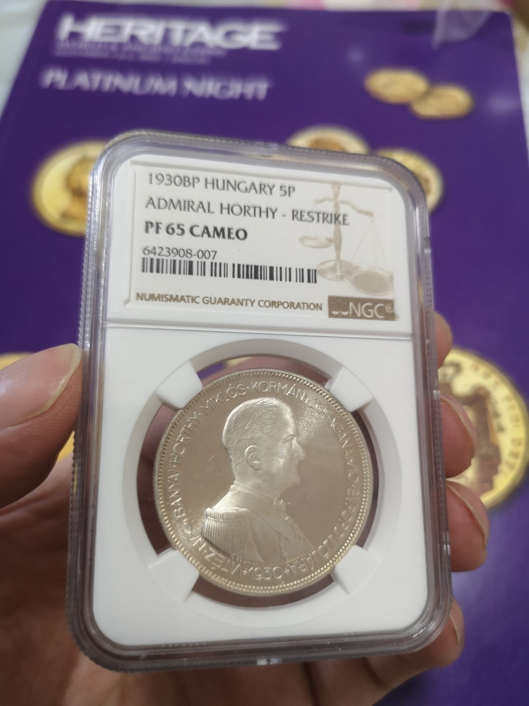 长老汇精品老银币系列 匈牙利1930霍尔蒂上将5潘果精制大银币，NGC PF65 CAMEO 后铸
