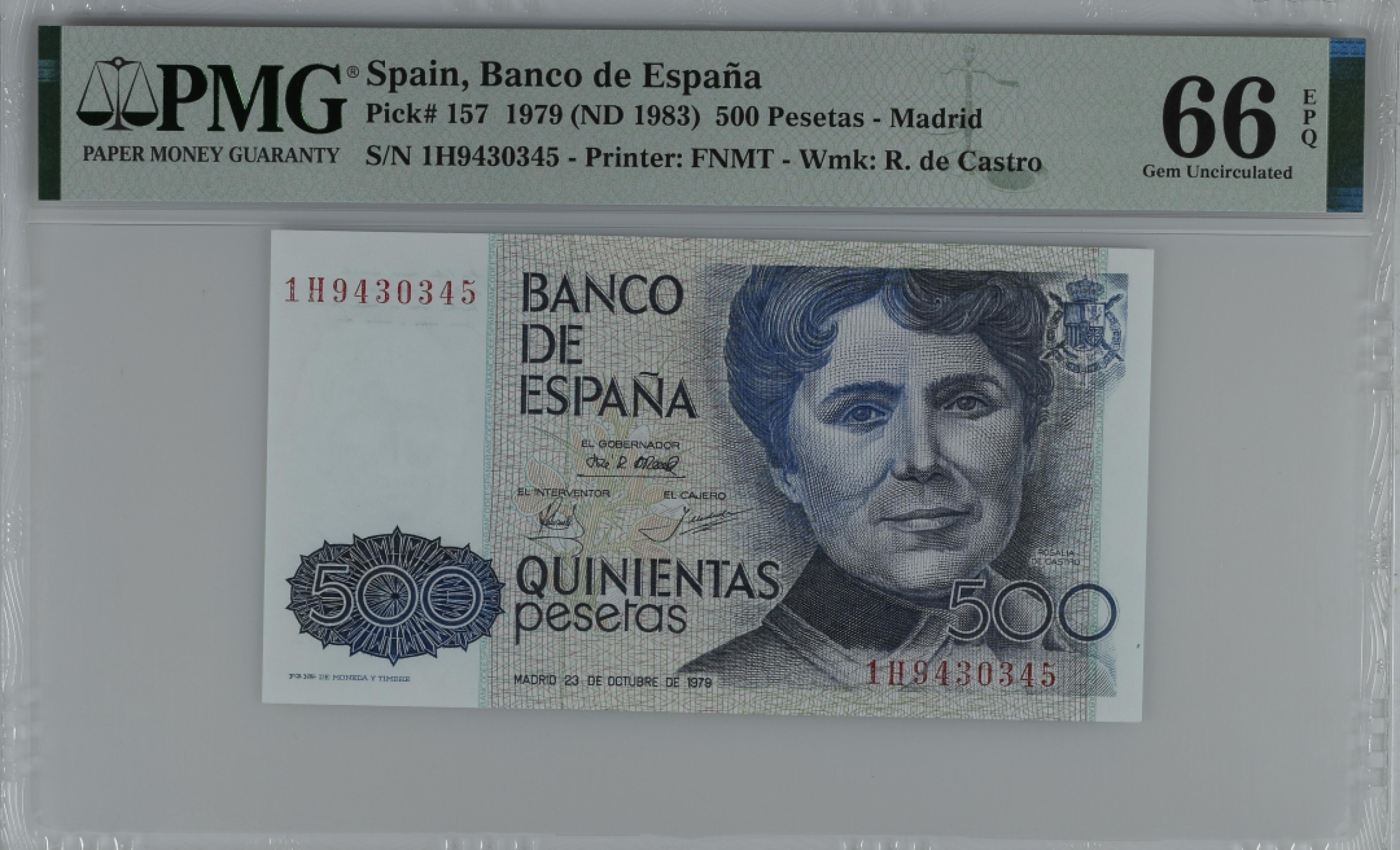 紫瑗钱币——第284期拍卖—纸币团购场 满10件包邮 【66 EPQ】西班牙 1979(1983)年 罗莎莉亚·德·卡斯特罗 500比塞塔 PMG 1H9430345