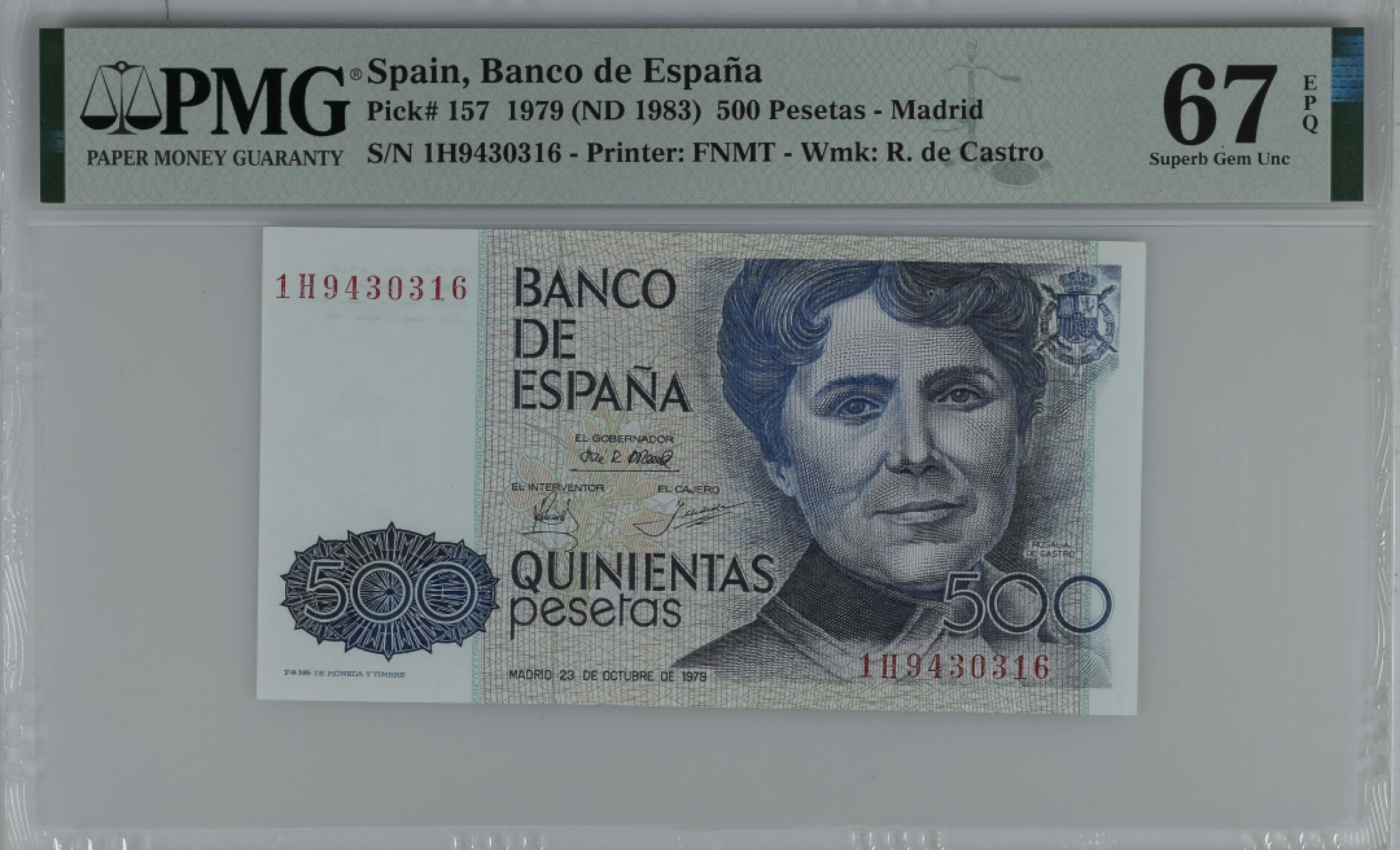 紫瑗钱币——第284期拍卖—纸币团购场 满10件包邮 【67 EPQ】西班牙 1979(1983)年 罗莎莉亚·德·卡斯特罗 500比塞塔 PMG 1H9430316