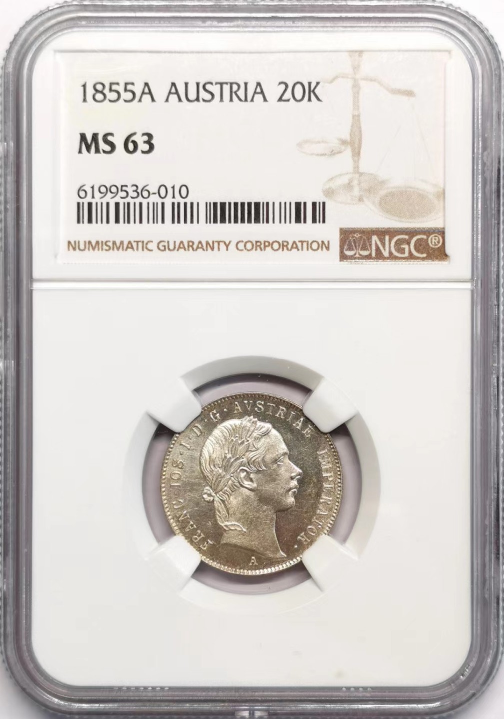 凡希社世界钱币微拍第二百四十二期 1855奥地利帝国20K银辅币NGC-MS63
