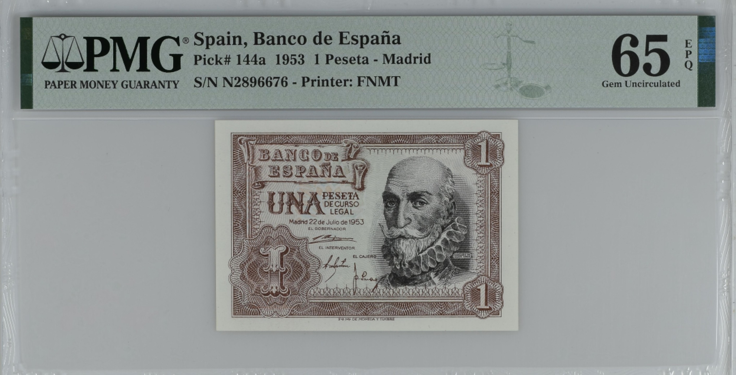 紫瑗钱币——第284期拍卖—纸币团购场 满10件包邮 【65 EPQ】西班牙 1953年  圣克鲁斯侯爵 阿尔瓦罗·德·巴赞 1比塞塔 PMG N2896676