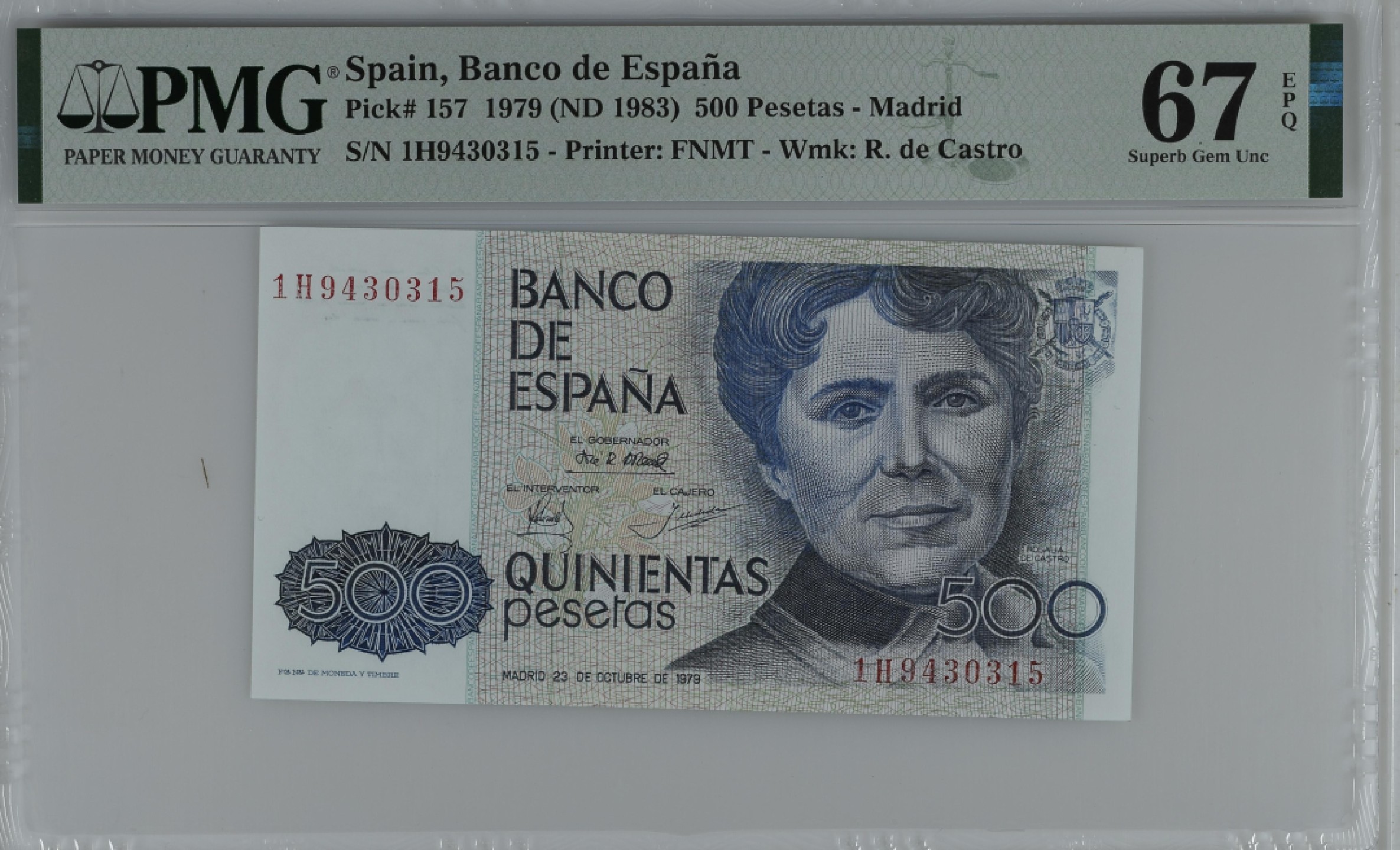 紫瑗钱币——第284期拍卖—纸币团购场 满10件包邮 【67 EPQ】西班牙 1979(1983)年 罗莎莉亚·德·卡斯特罗 500比塞塔 PMG 1H9430315