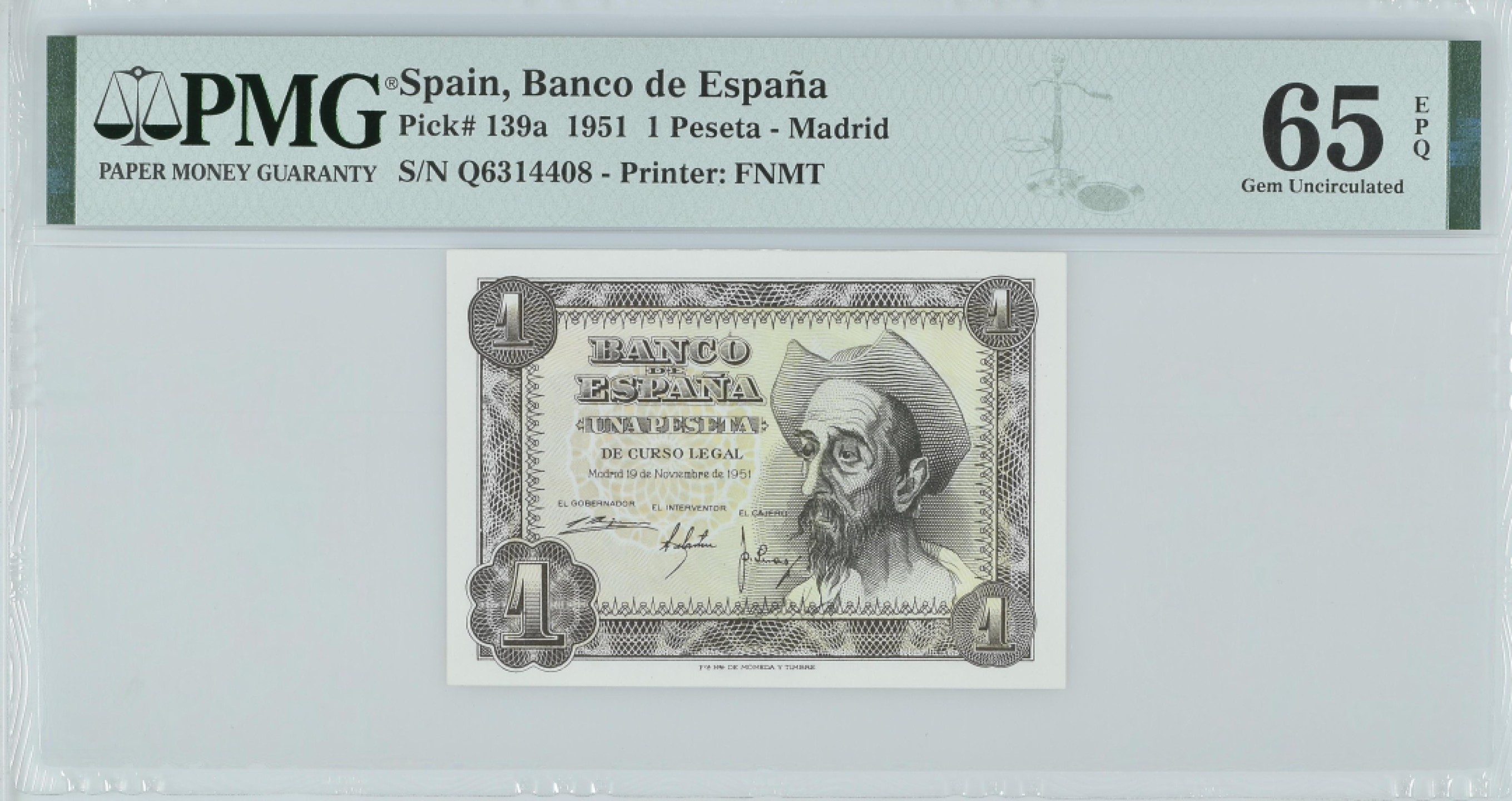 紫瑗钱币——第282期拍卖—纸币团购场（塞尔维亚 西班牙） 满10件包邮 【65 EPQ】西班牙 1951年 唐吉坷德 1比塞塔 PMG (p-139a) Q6314408