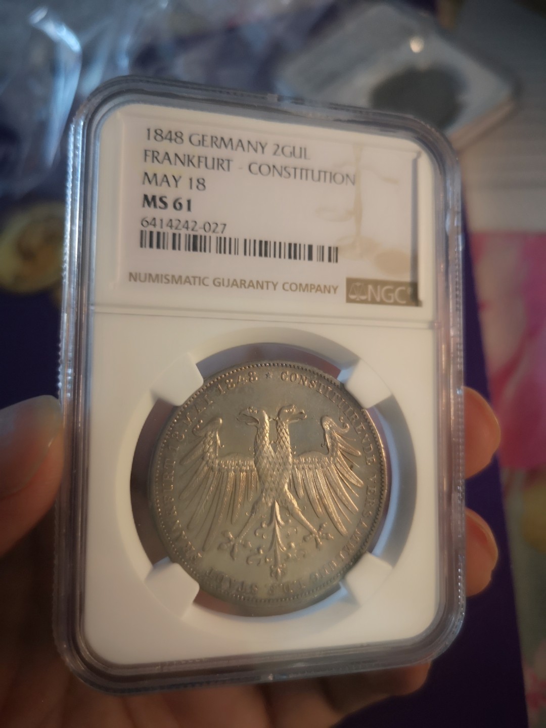 长老汇精品老银币系列 德国1848法兰克福宪法双头鹰2古尔登银币，NGC MS61