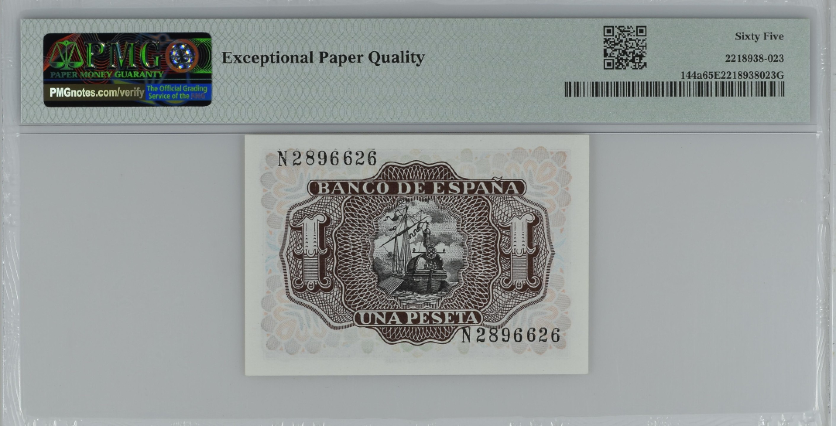 紫瑗钱币——第284期拍卖—纸币团购场 满10件包邮 【65 EPQ】西班牙 1953年  圣克鲁斯侯爵 阿尔瓦罗·德·巴赞 1比塞塔 PMG N2896626