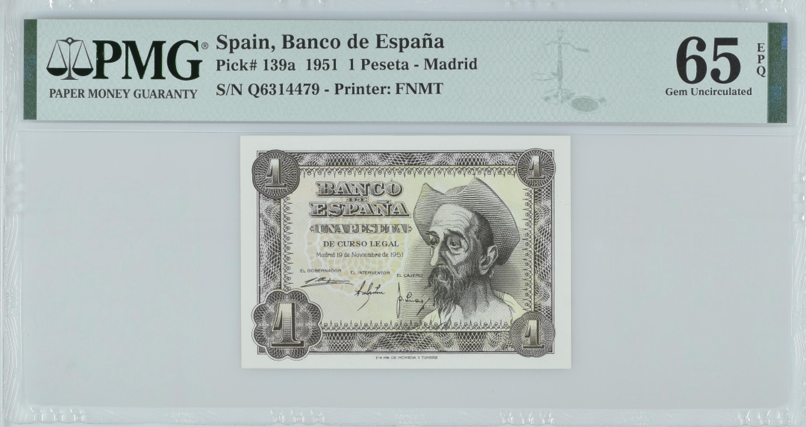 紫瑗钱币——第282期拍卖—纸币团购场（塞尔维亚 西班牙） 满10件包邮 【65 EPQ】西班牙 1951年 唐吉坷德 1比塞塔 PMG (p-139a) Q6314479