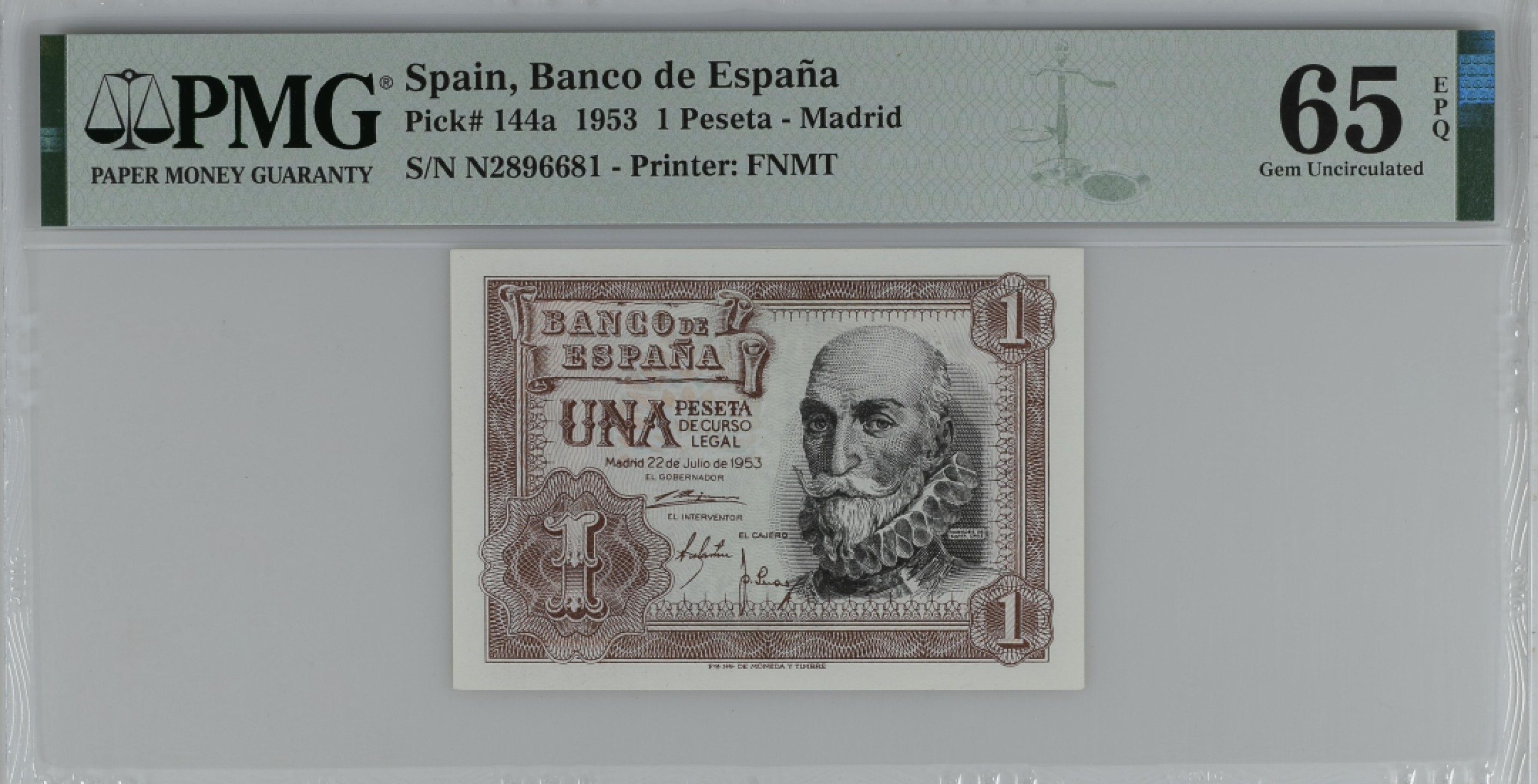 紫瑗钱币——第284期拍卖—纸币团购场 满10件包邮 【65 EPQ】西班牙 1953年  圣克鲁斯侯爵 阿尔瓦罗·德·巴赞 1比塞塔 PMG N2896681