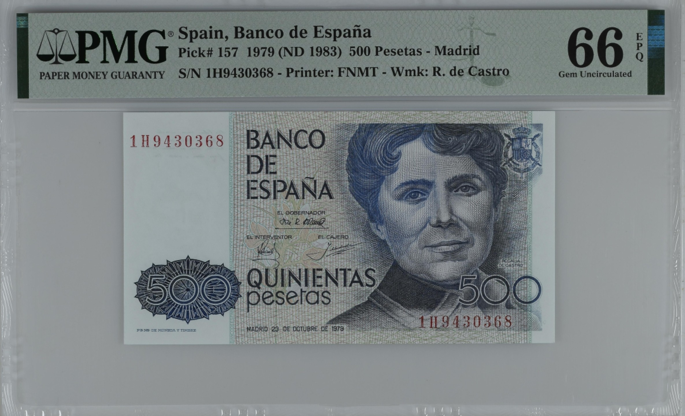 紫瑗钱币——第284期拍卖—纸币团购场 满10件包邮 【66 EPQ】西班牙 1979(1983)年 罗莎莉亚·德·卡斯特罗 500比塞塔 PMG 1H9430368