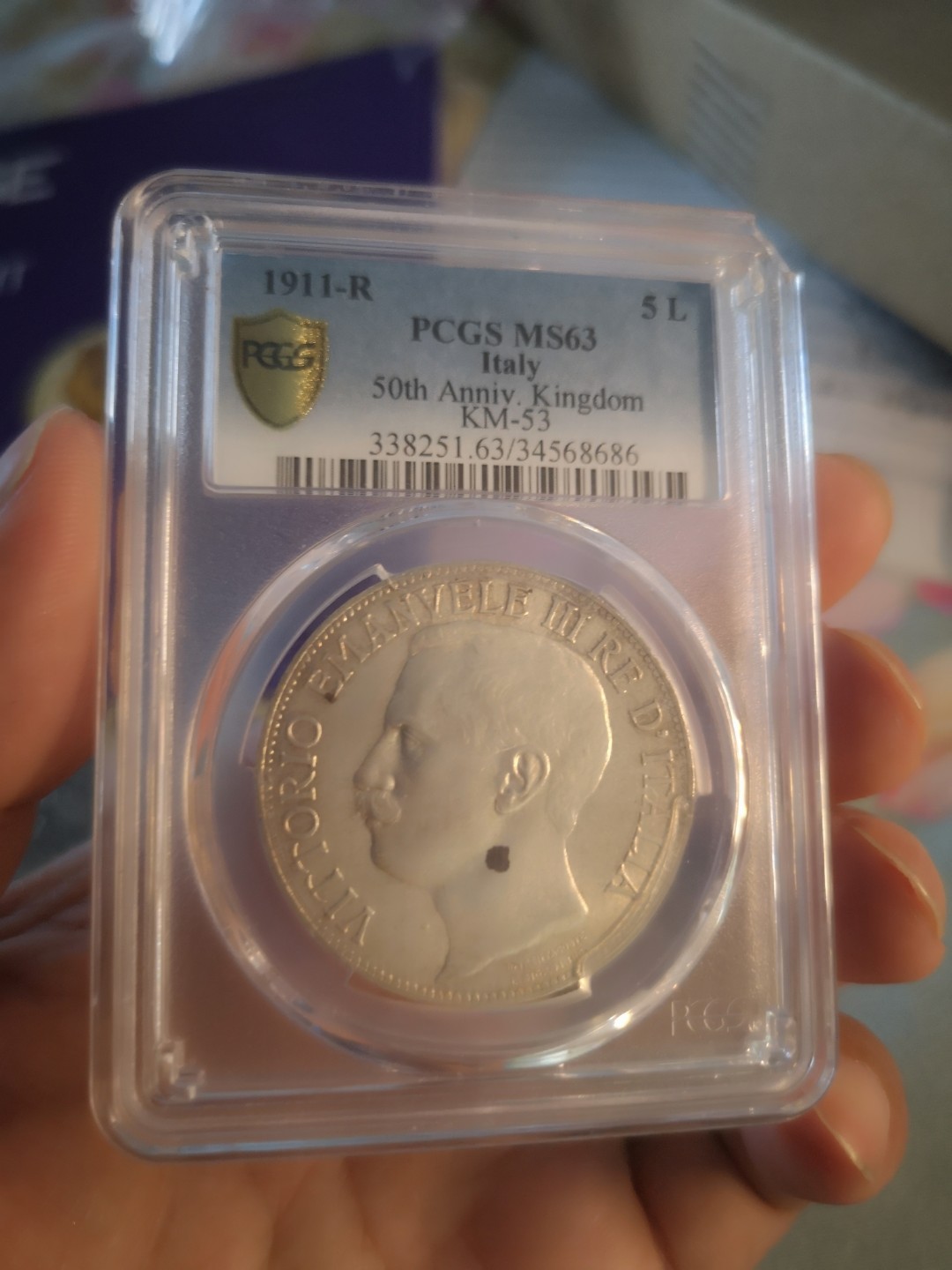 长老汇精品老银币系列 意大利1911建国50周年托奶5里拉大银币，PCGS MS63，名誉品