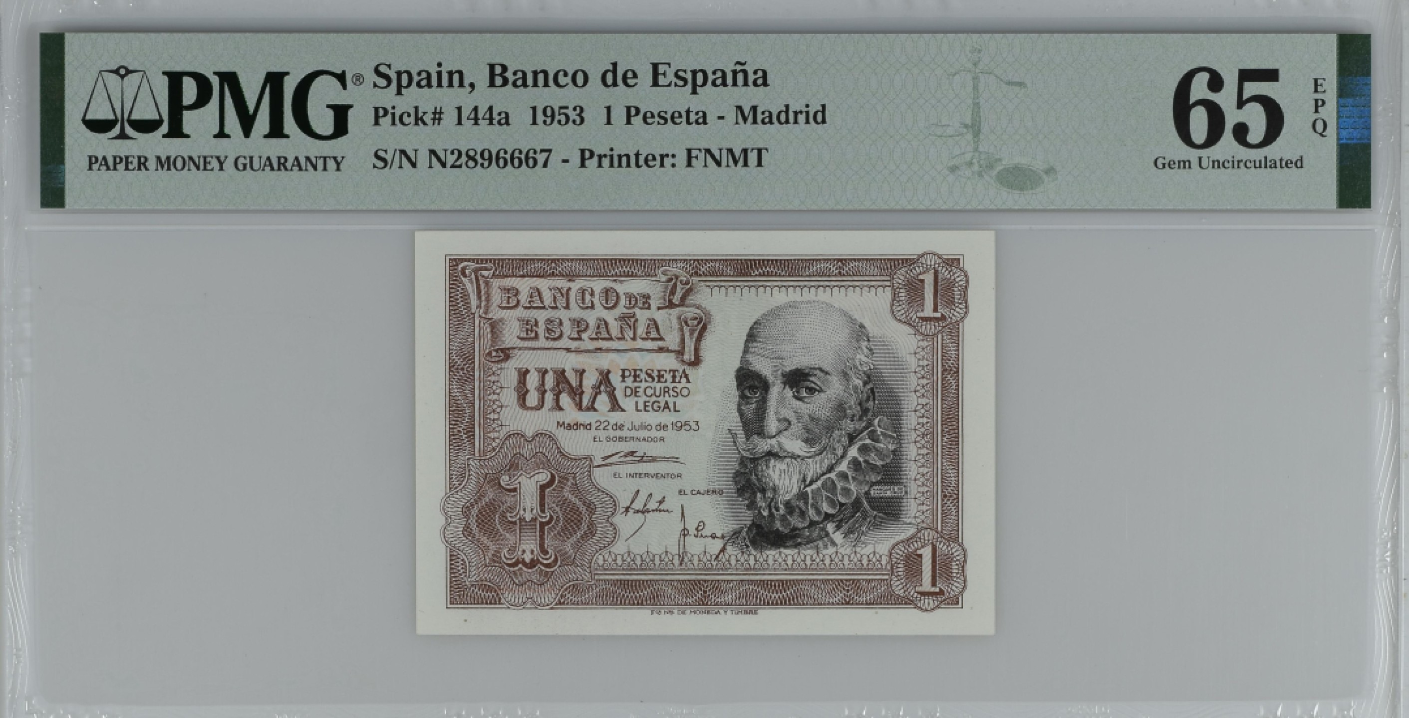 紫瑗钱币——第284期拍卖—纸币团购场 满10件包邮 【65 EPQ】西班牙 1953年  圣克鲁斯侯爵 阿尔瓦罗·德·巴赞 1比塞塔 PMG N2896667