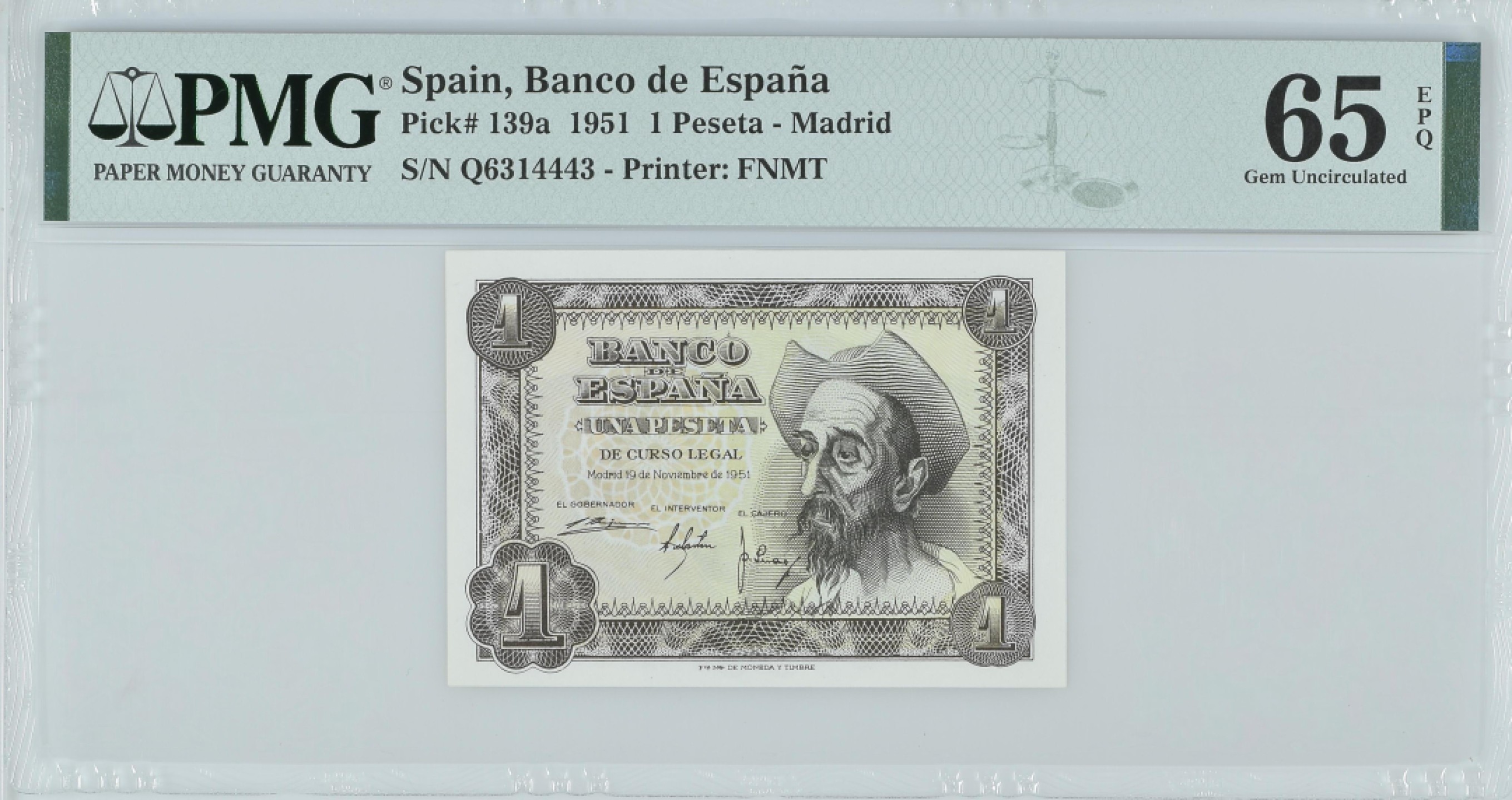 紫瑗钱币——第282期拍卖—纸币团购场（塞尔维亚 西班牙） 满10件包邮 【65 EPQ】西班牙 1951年 唐吉坷德 1比塞塔 PMG (p-139a) Q6314443