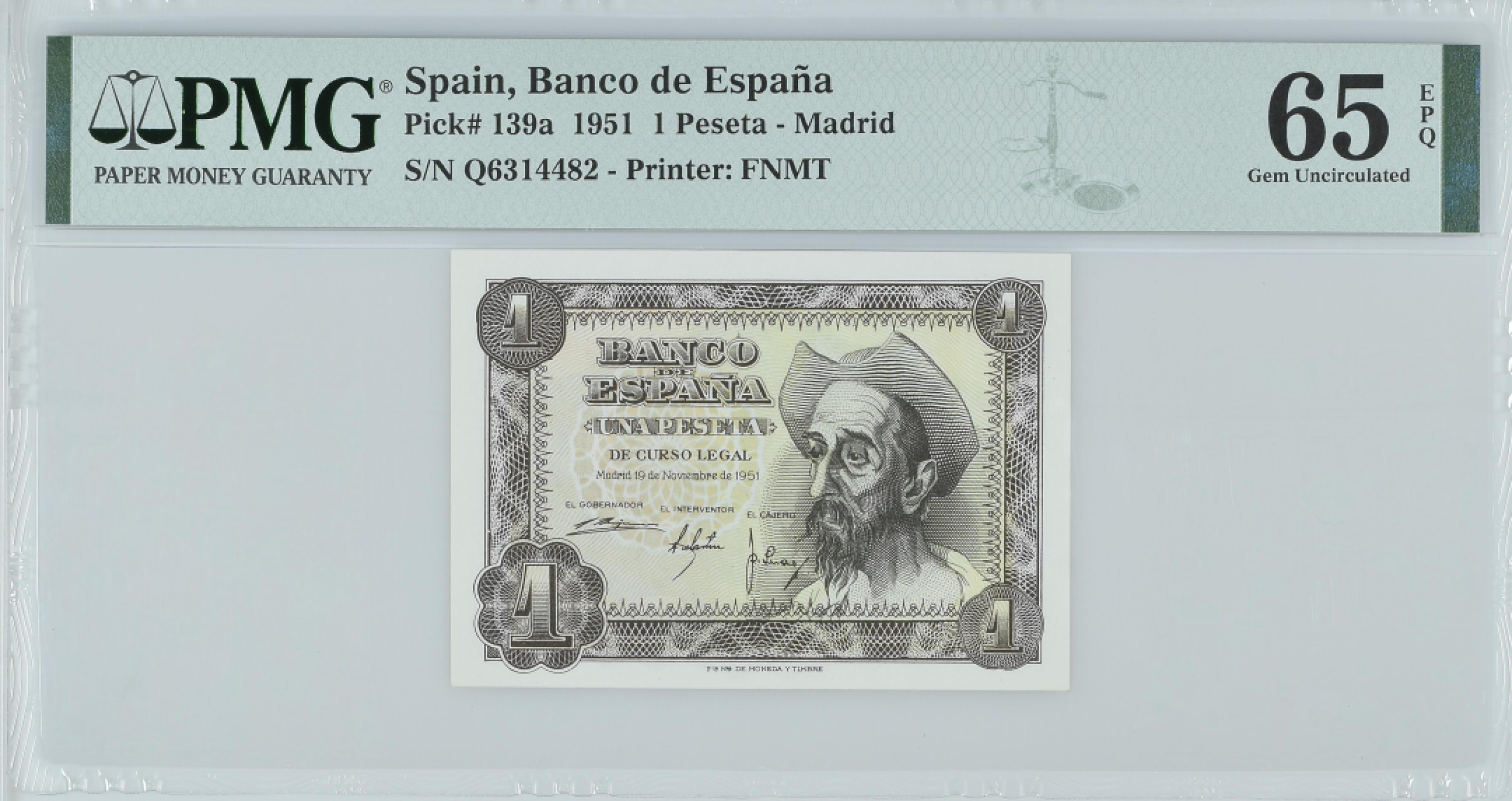 紫瑗钱币——第282期拍卖—纸币团购场（塞尔维亚 西班牙） 满10件包邮 【65 EPQ】西班牙 1951年 唐吉坷德 1比塞塔 PMG (p-139a) Q6314482
