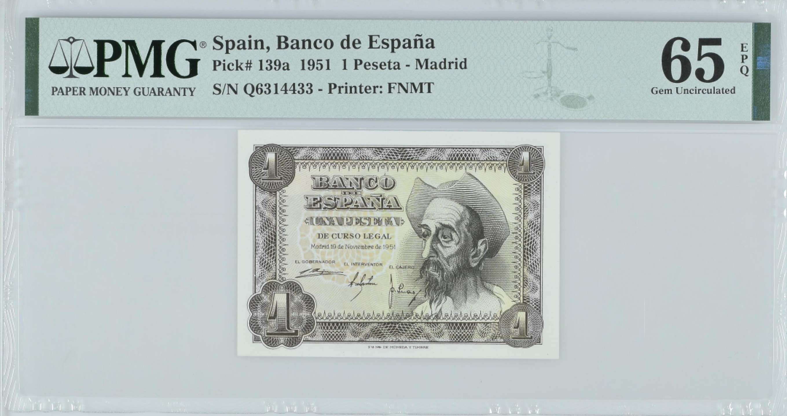 紫瑗钱币——第282期拍卖—纸币团购场（塞尔维亚 西班牙） 满10件包邮 【65 EPQ 叠尾3】西班牙 1951年 唐吉坷德 1比塞塔 PMG (p-139a) Q6314433