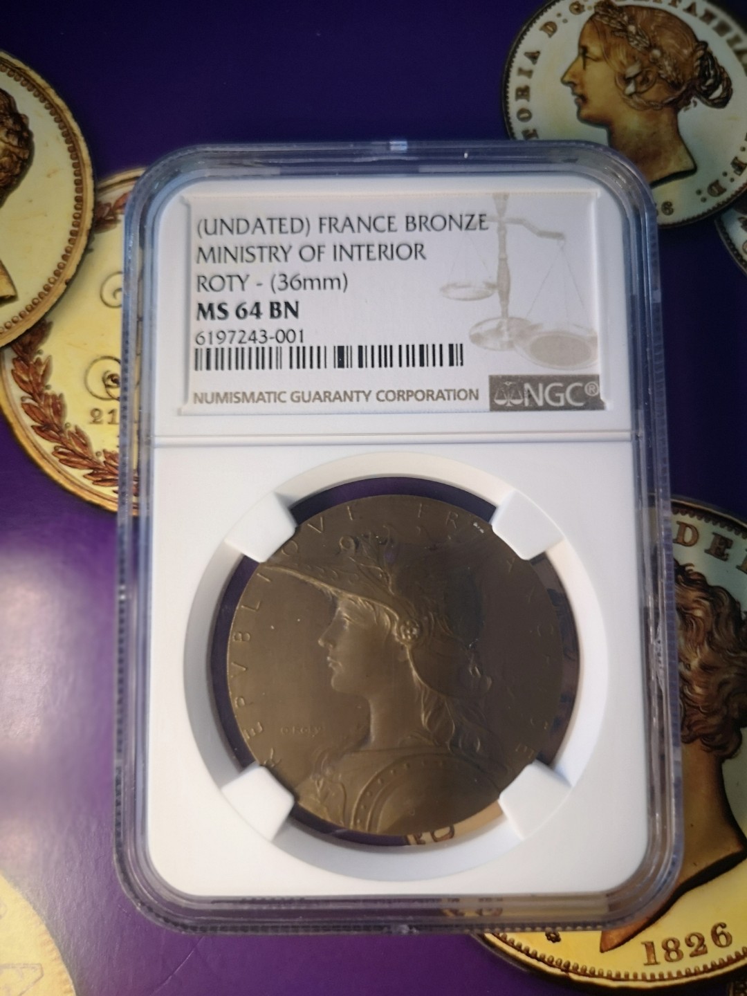 长老汇精品老银币系列 法国罗蒂玛丽安娜戎装内务部纪念铜章，NGC MS64BN