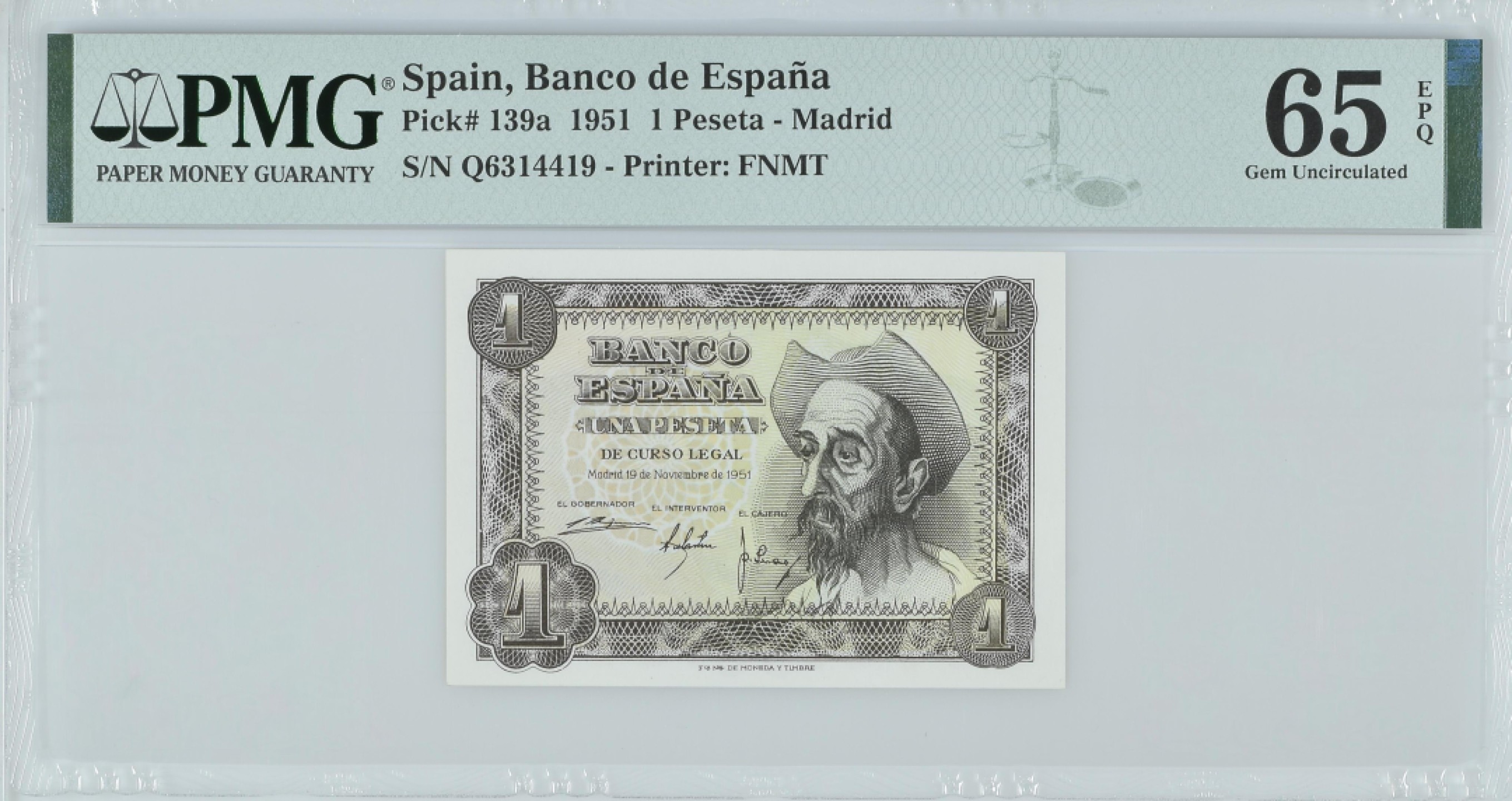紫瑗钱币——第282期拍卖—纸币团购场（塞尔维亚 西班牙） 满10件包邮 【65 EPQ】西班牙 1951年 唐吉坷德 1比塞塔 PMG (p-139a) Q6314419