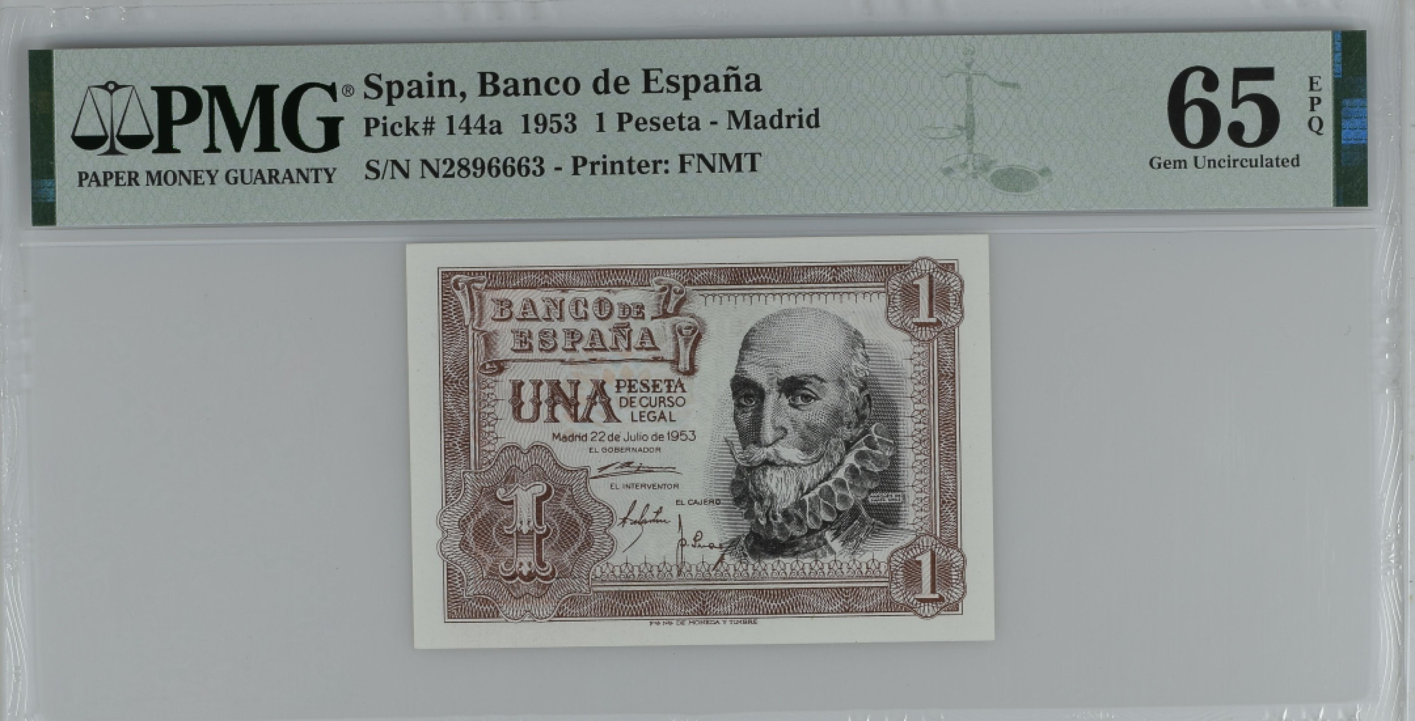 紫瑗钱币——第284期拍卖—纸币团购场 满10件包邮 【65 EPQ】西班牙 1953年  圣克鲁斯侯爵 阿尔瓦罗·德·巴赞 1比塞塔 PMG N2896663