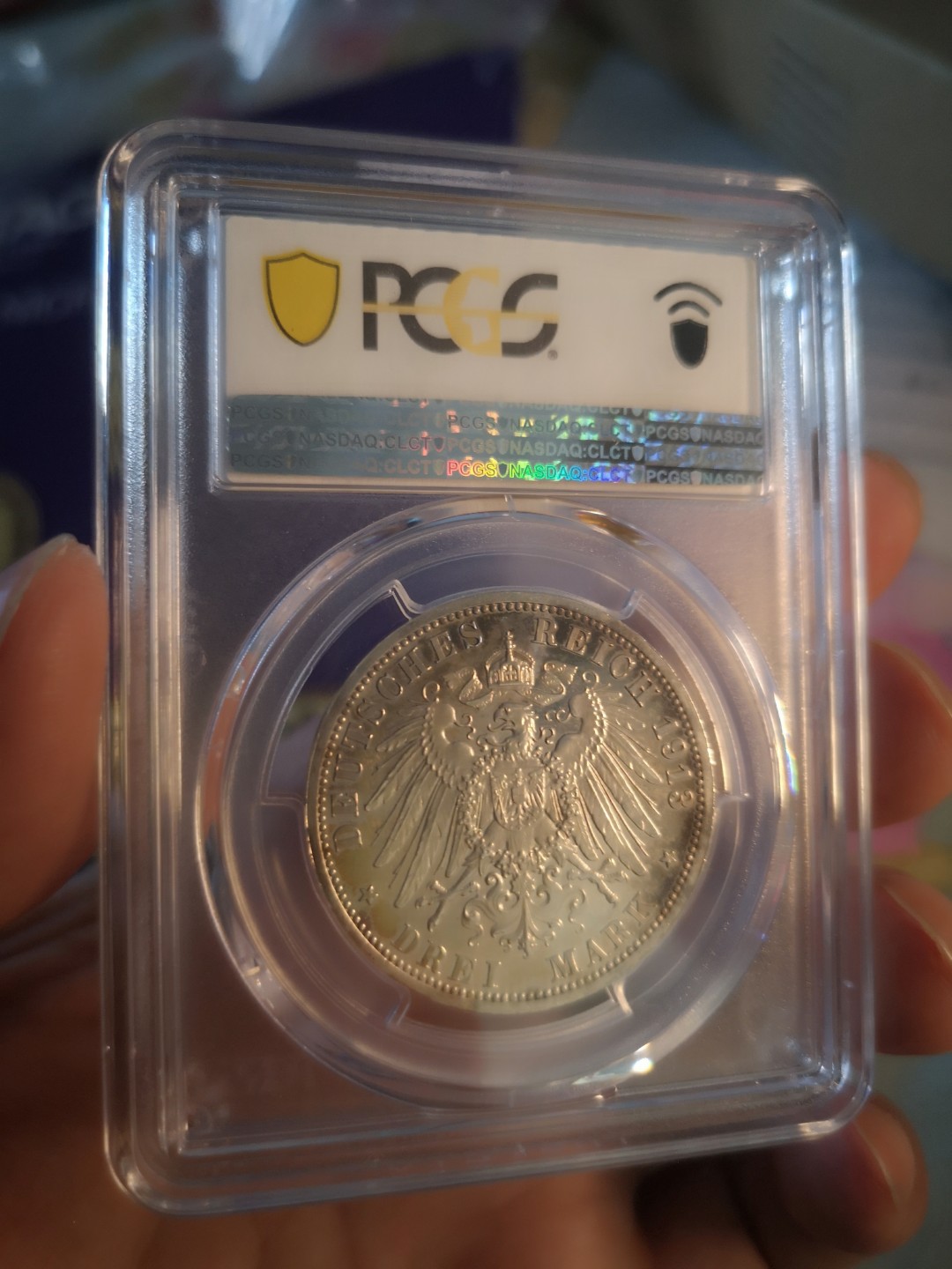 长老汇精品老银币系列 德国1913普鲁士威廉二世精制3马克银币，PCGS PR63，五彩