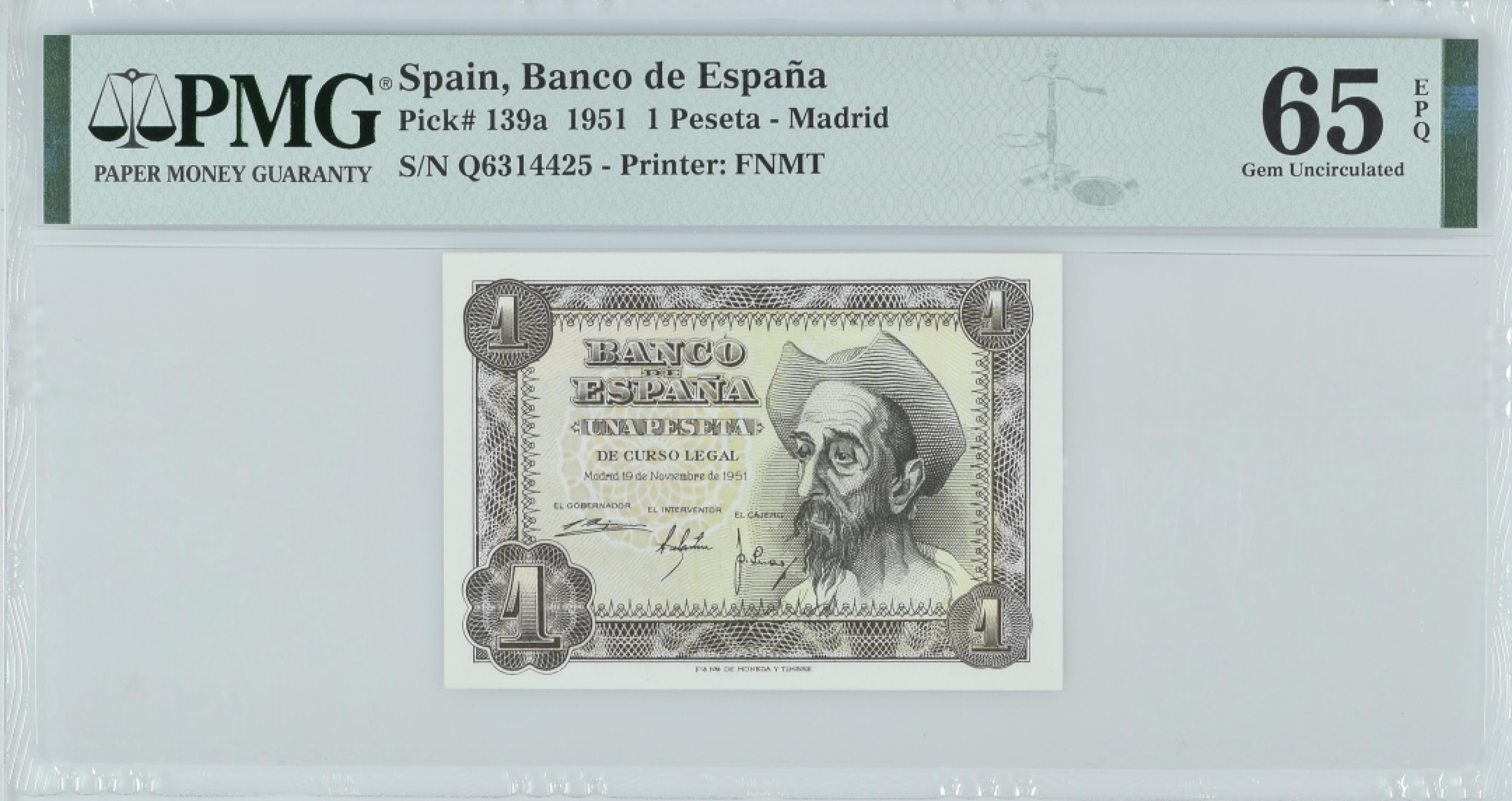 紫瑗钱币——第282期拍卖—纸币团购场（塞尔维亚 西班牙） 满10件包邮 【65 EPQ】西班牙 1951年 唐吉坷德 1比塞塔 PMG (p-139a) Q6314425