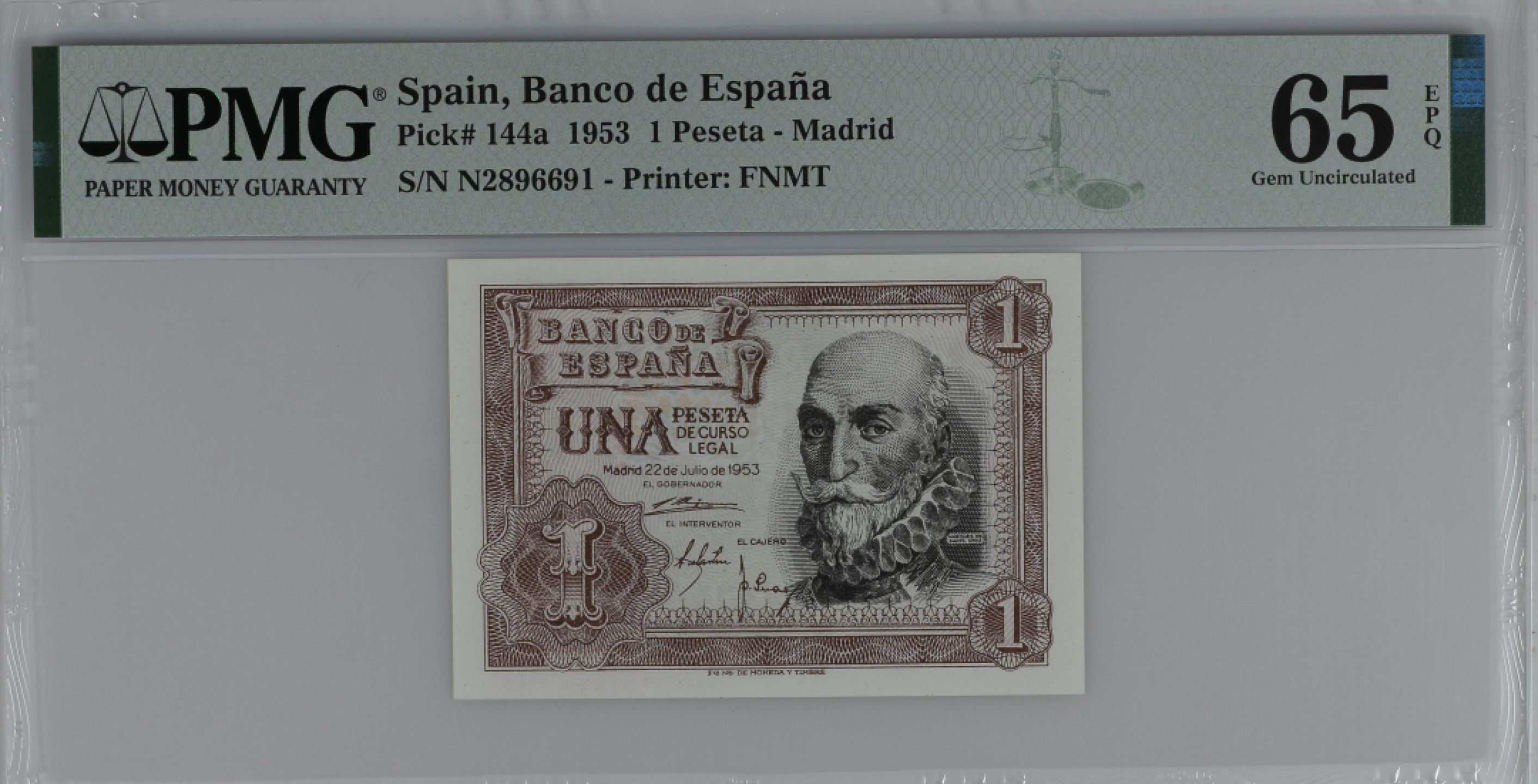 紫瑗钱币——第284期拍卖—纸币团购场 满10件包邮 【65 EPQ】西班牙 1953年  圣克鲁斯侯爵 阿尔瓦罗·德·巴赞 1比塞塔 PMG N2896691
