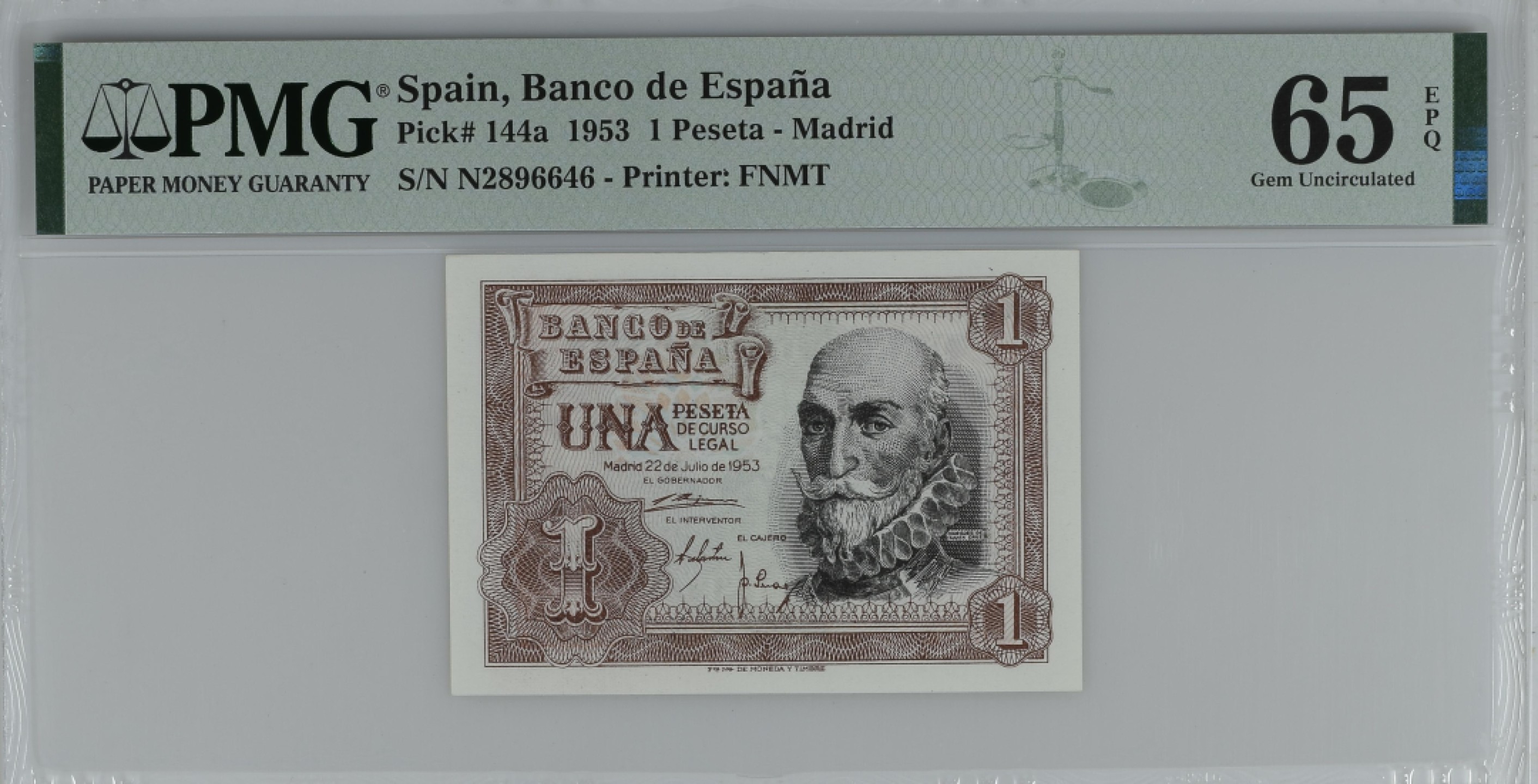 紫瑗钱币——第284期拍卖—纸币团购场 满10件包邮 【65 EPQ】西班牙 1953年  圣克鲁斯侯爵 阿尔瓦罗·德·巴赞 1比塞塔 PMG N2896646