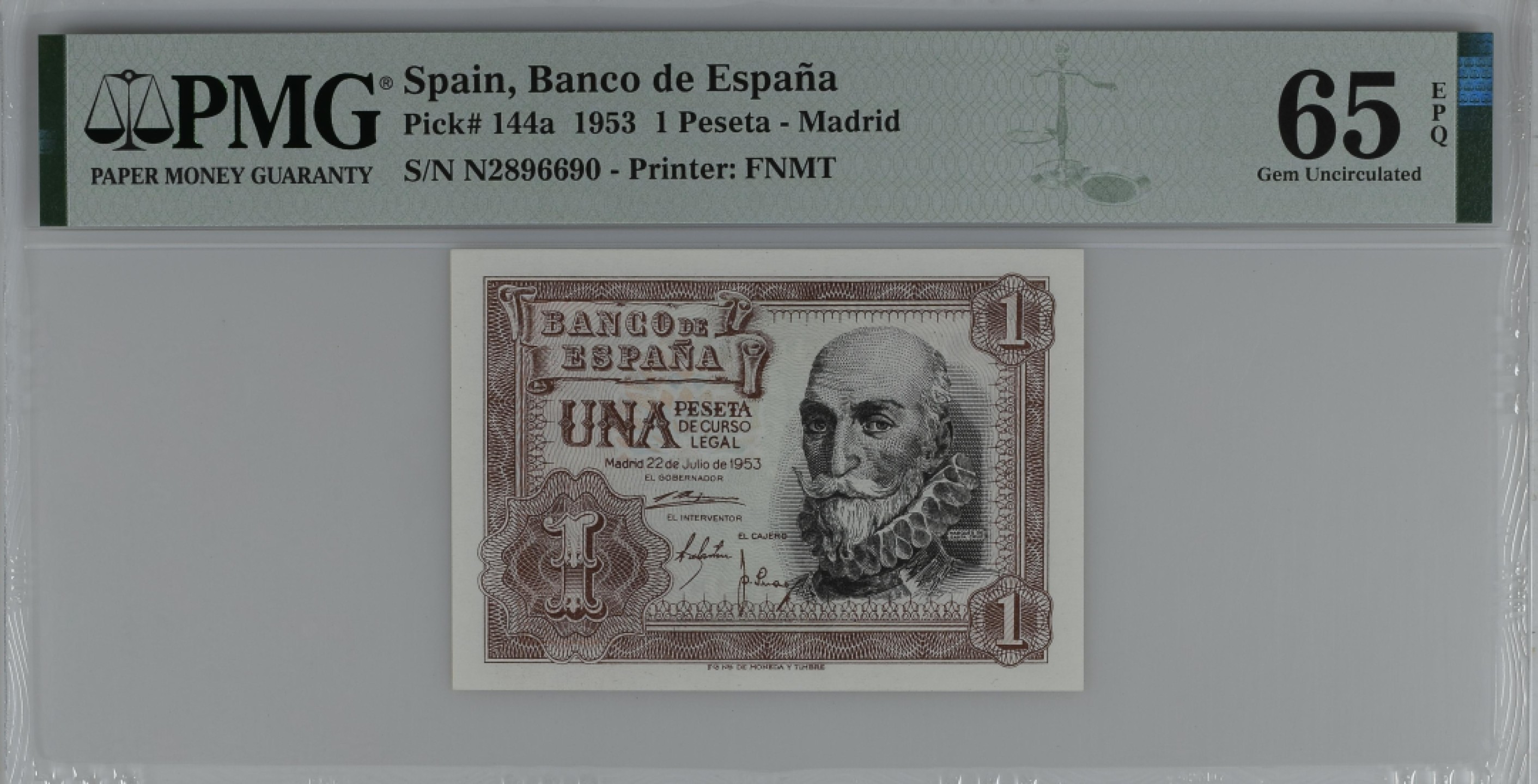 紫瑗钱币——第284期拍卖—纸币团购场 满10件包邮 【65 EPQ】西班牙 1953年  圣克鲁斯侯爵 阿尔瓦罗·德·巴赞 1比塞塔 PMG N2896690