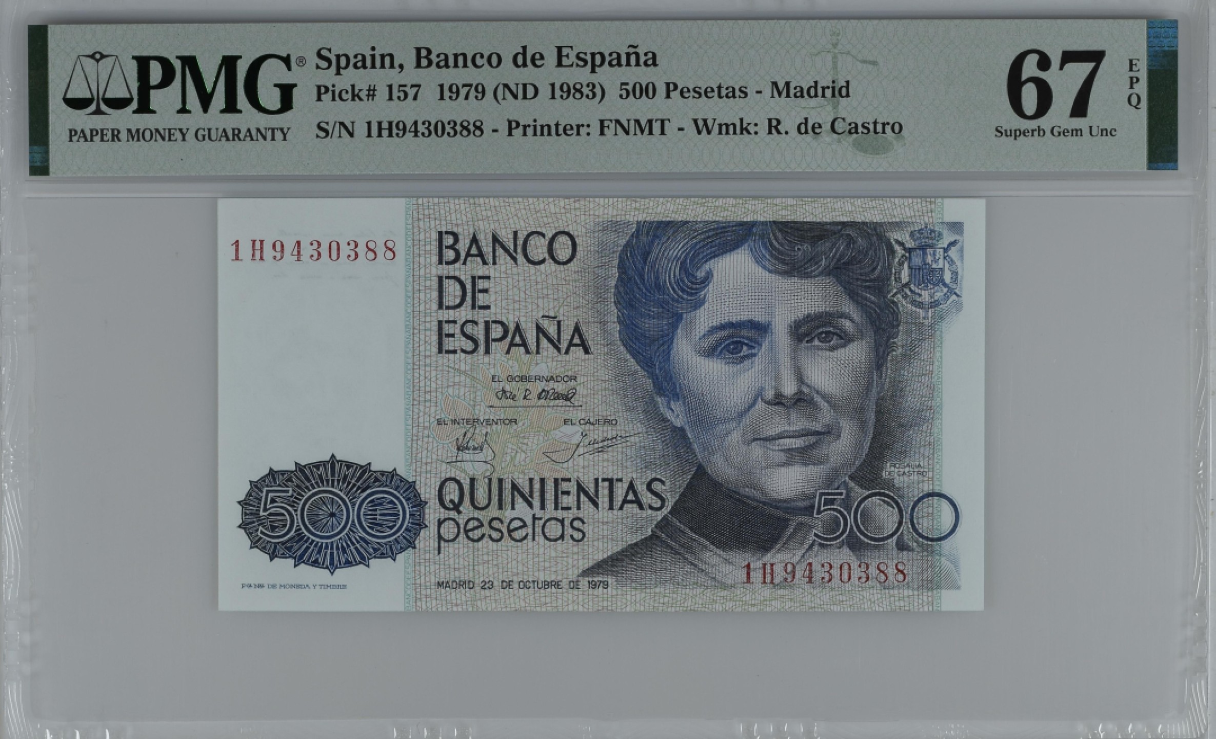 紫瑗钱币——第284期拍卖—纸币团购场 满10件包邮 【67 EPQ 叠尾8】西班牙 1979(1983)年 罗莎莉亚·德·卡斯特罗 500比塞塔 PMG 1H9430388