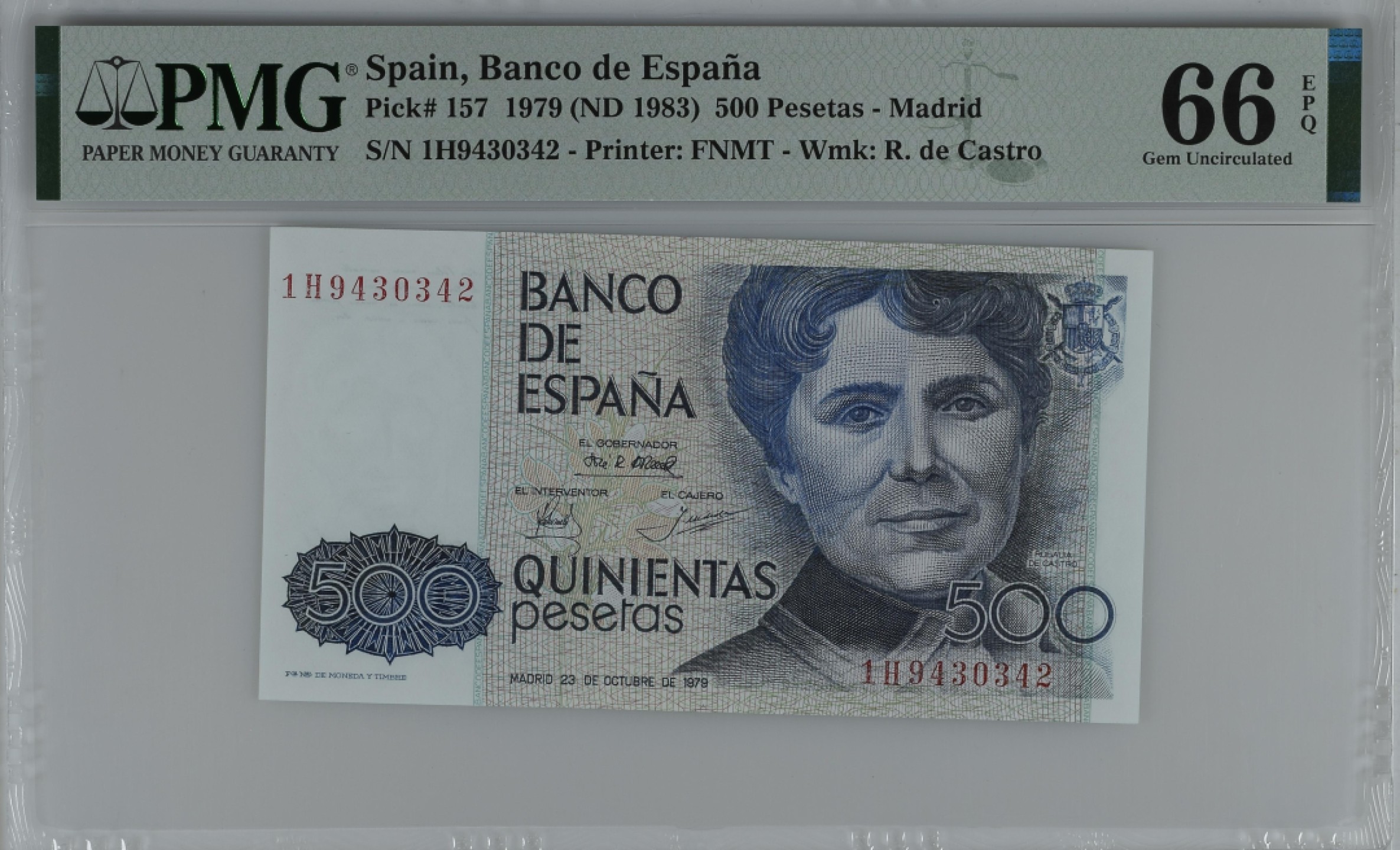紫瑗钱币——第284期拍卖—纸币团购场 满10件包邮 【67 EPQ】西班牙 1979(1983)年 罗莎莉亚·德·卡斯特罗 500比塞塔 PMG 1H9430342