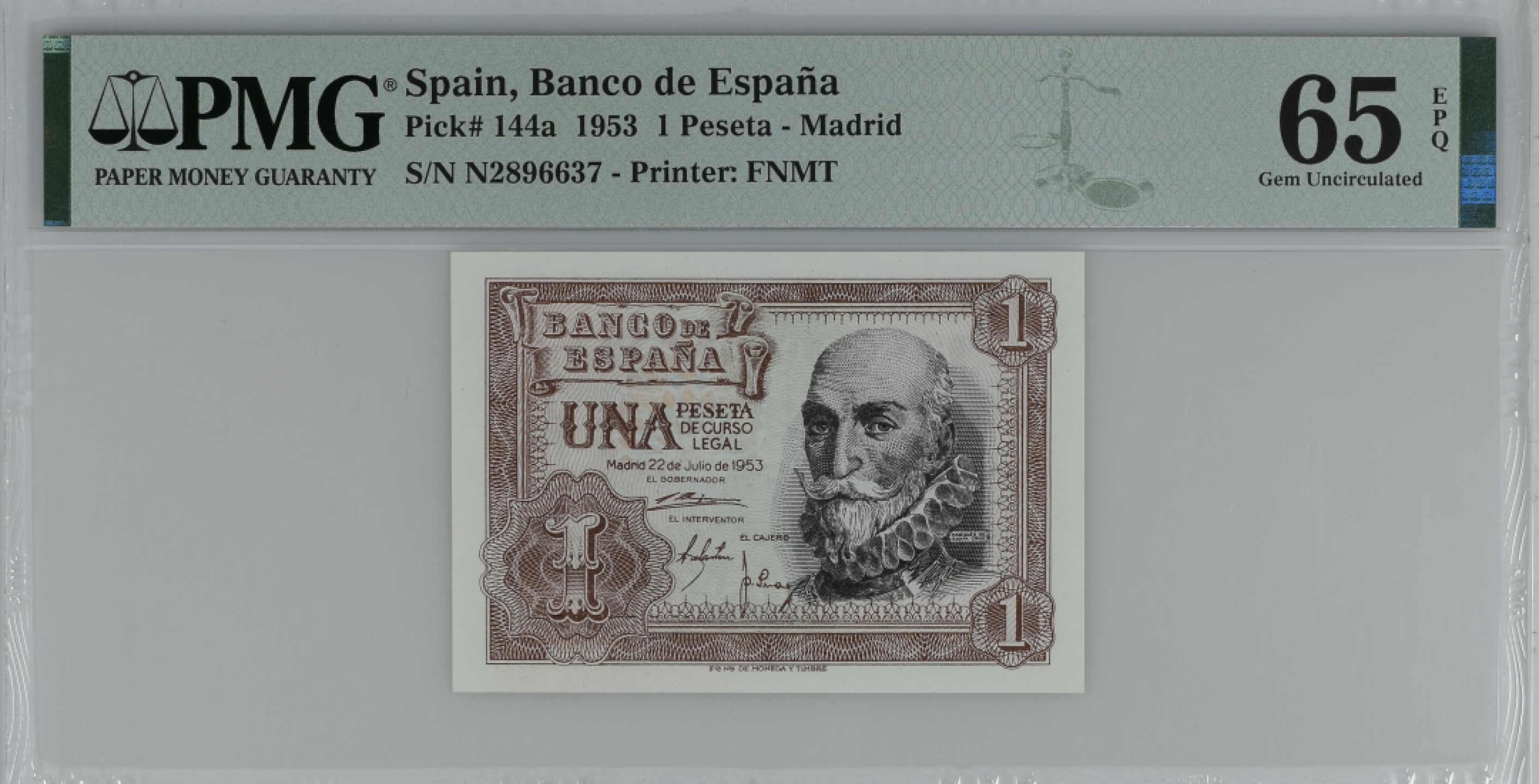紫瑗钱币——第284期拍卖—纸币团购场 满10件包邮 【65 EPQ】西班牙 1953年  圣克鲁斯侯爵 阿尔瓦罗·德·巴赞 1比塞塔 PMG N2896637