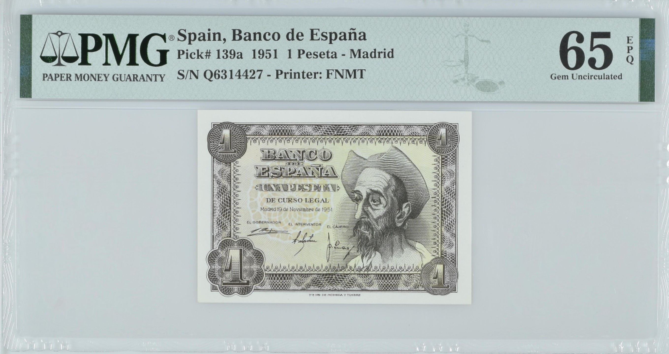 紫瑗钱币——第282期拍卖—纸币团购场（塞尔维亚 西班牙） 满10件包邮 【65 EPQ】西班牙 1951年 唐吉坷德 1比塞塔 PMG (p-139a) Q6314427
