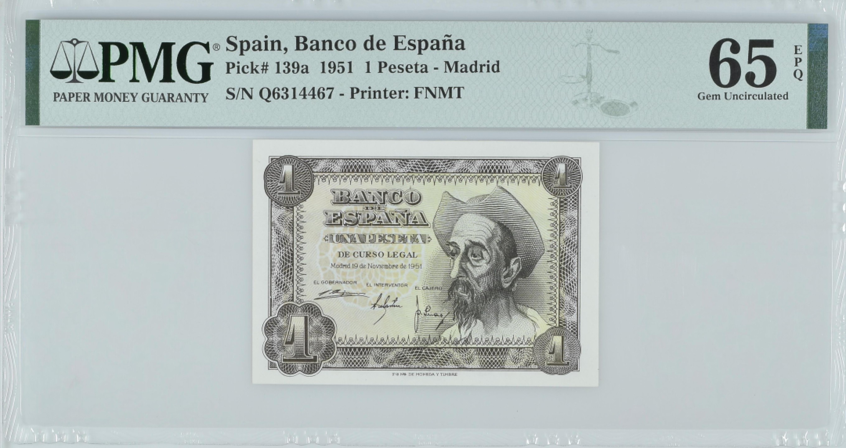 紫瑗钱币——第282期拍卖—纸币团购场（塞尔维亚 西班牙） 满10件包邮 【65 EPQ】西班牙 1951年 唐吉坷德 1比塞塔 PMG (p-139a) Q6314467