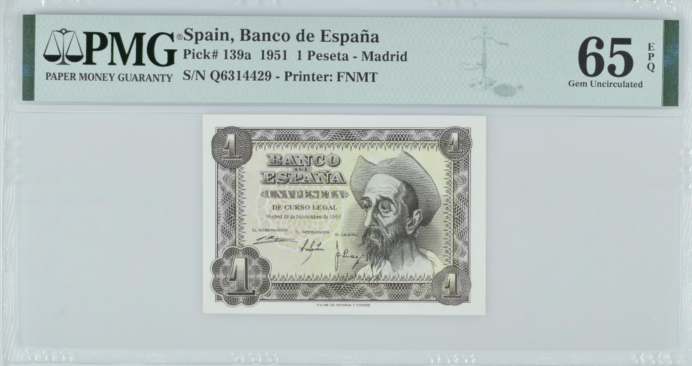 紫瑗钱币——第282期拍卖—纸币团购场（塞尔维亚 西班牙） 满10件包邮 【65 EPQ】西班牙 1951年 唐吉坷德 1比塞塔 PMG (p-139a) Q6314429