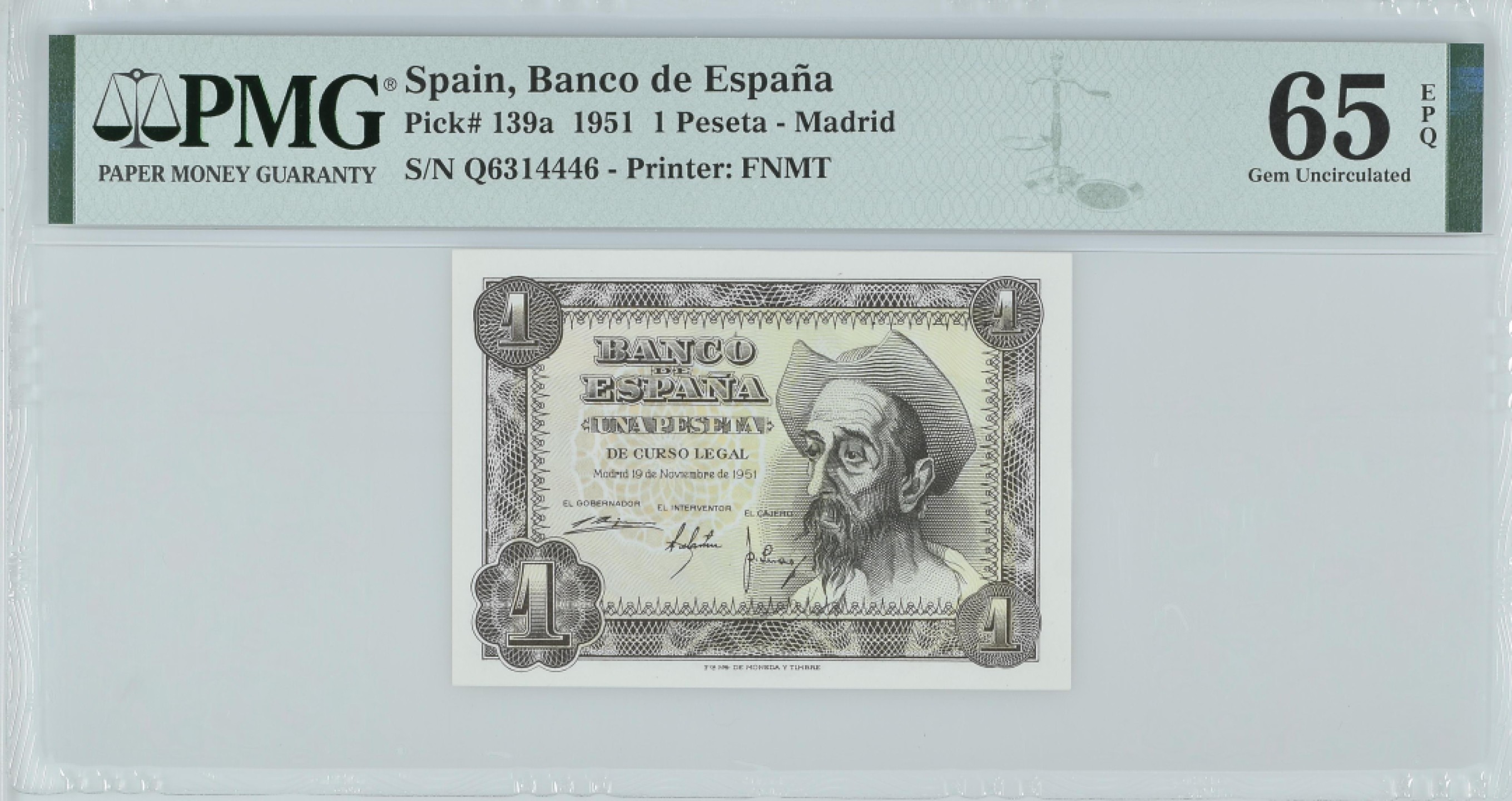 紫瑗钱币——第282期拍卖—纸币团购场（塞尔维亚 西班牙） 满10件包邮 【65 EPQ】西班牙 1951年 唐吉坷德 1比塞塔 PMG (p-139a) Q6314446