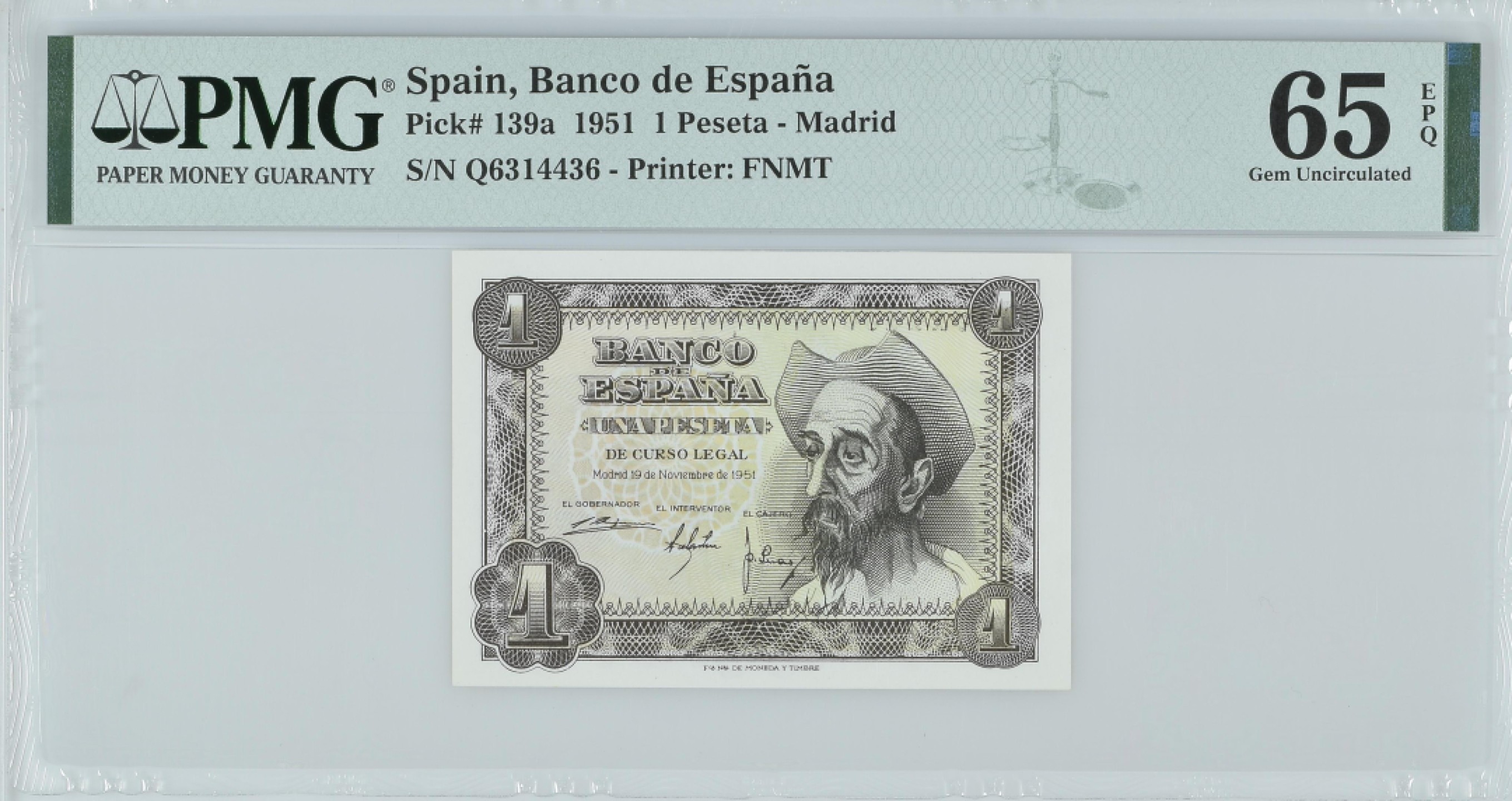 紫瑗钱币——第282期拍卖—纸币团购场（塞尔维亚 西班牙） 满10件包邮 【65 EPQ】西班牙 1951年 唐吉坷德 1比塞塔 PMG (p-139a) Q6314436
