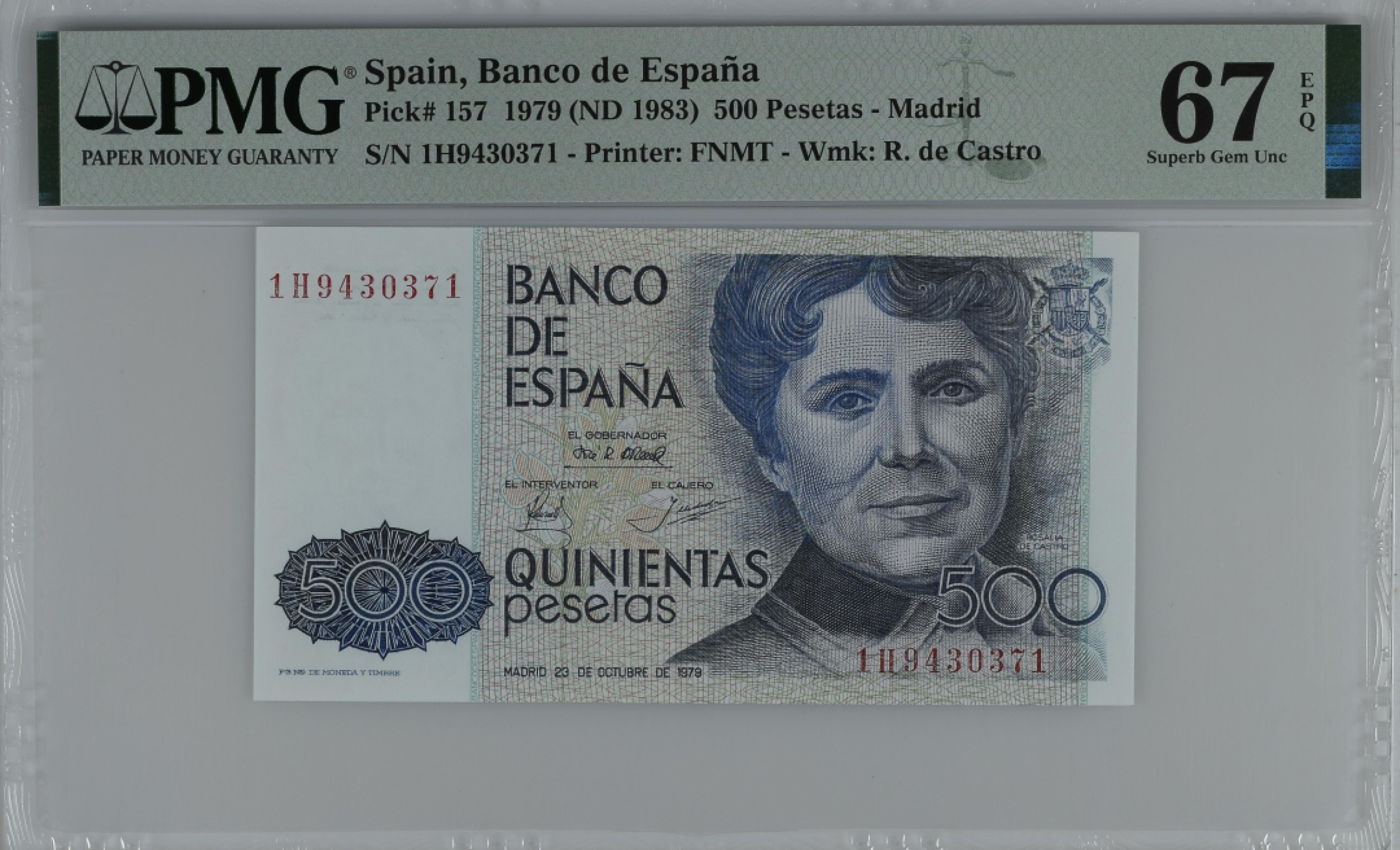 紫瑗钱币——第284期拍卖—纸币团购场 满10件包邮 【67 EPQ】西班牙 1979(1983)年 罗莎莉亚·德·卡斯特罗 500比塞塔 PMG 1H9430371