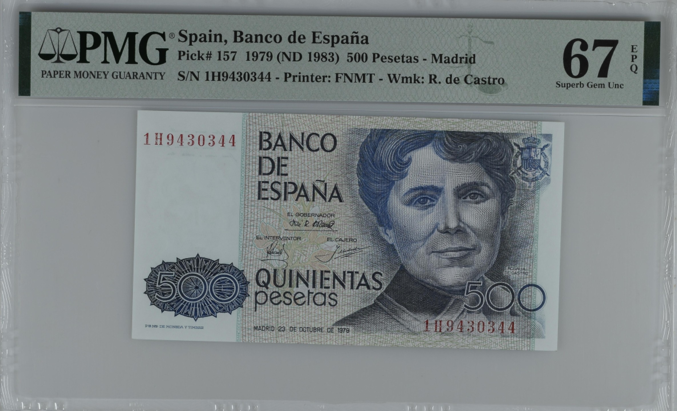 紫瑗钱币——第284期拍卖—纸币团购场 满10件包邮 【67 EPQ 叠尾4】西班牙 1979(1983)年 罗莎莉亚·德·卡斯特罗 500比塞塔 PMG 1H9430344