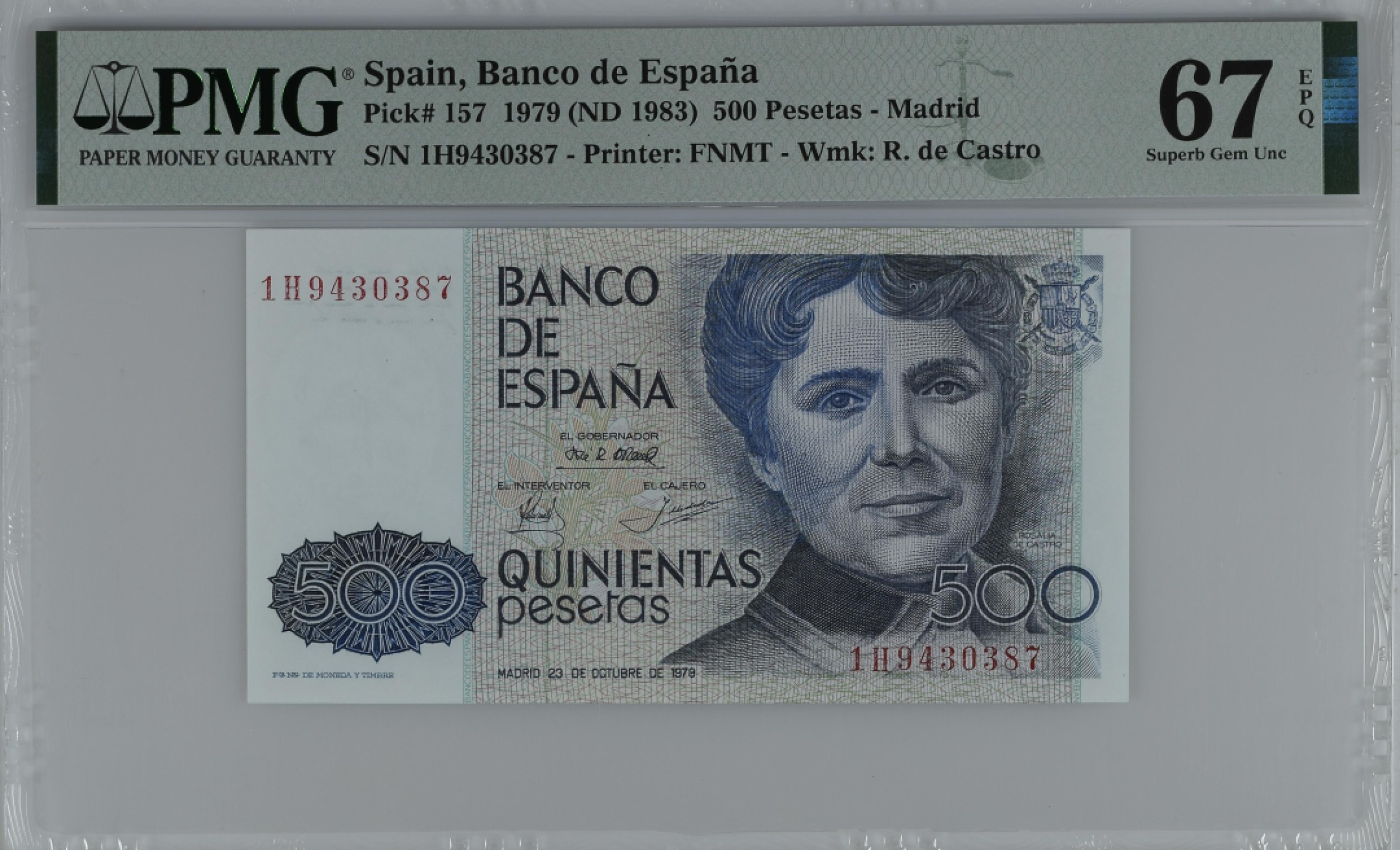 紫瑗钱币——第284期拍卖—纸币团购场 满10件包邮 【67 EPQ】西班牙 1979(1983)年 罗莎莉亚·德·卡斯特罗 500比塞塔 PMG 1H9430387