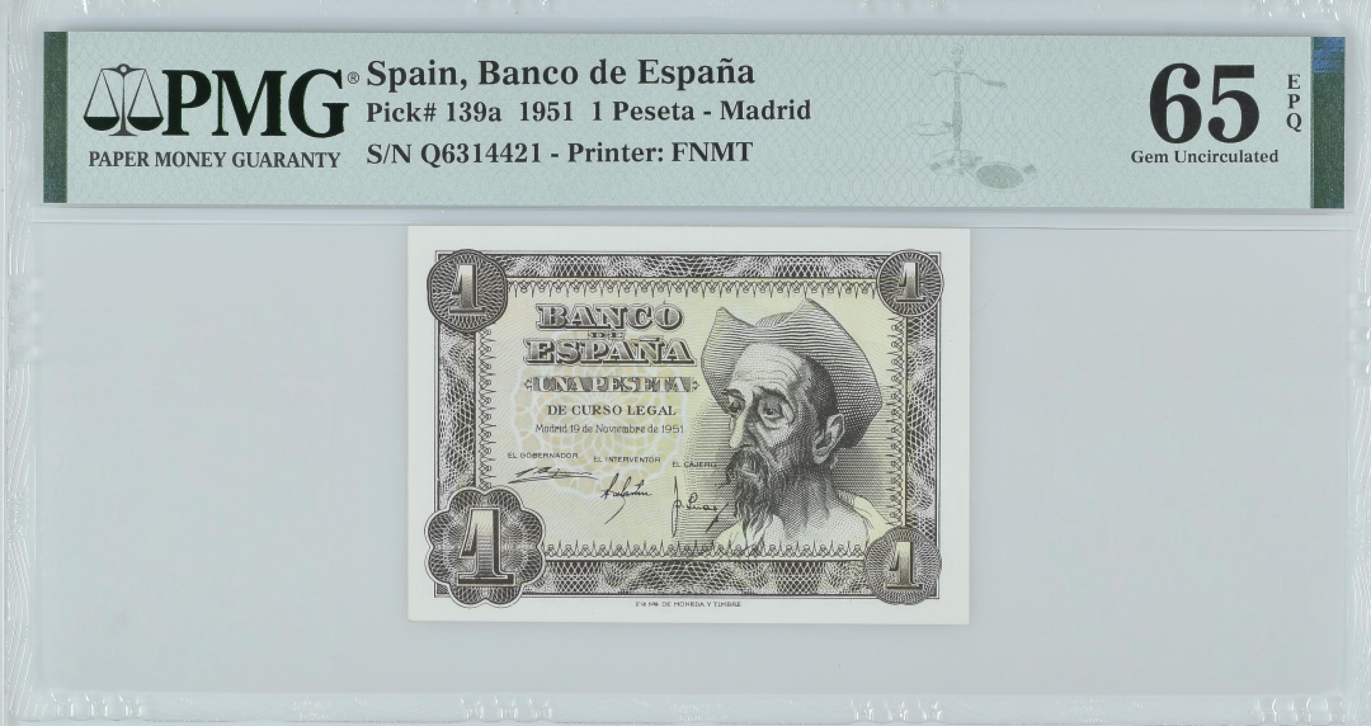 紫瑗钱币——第282期拍卖—纸币团购场（塞尔维亚 西班牙） 满10件包邮 【65 EPQ】西班牙 1951年 唐吉坷德 1比塞塔 PMG (p-139a) Q6314421