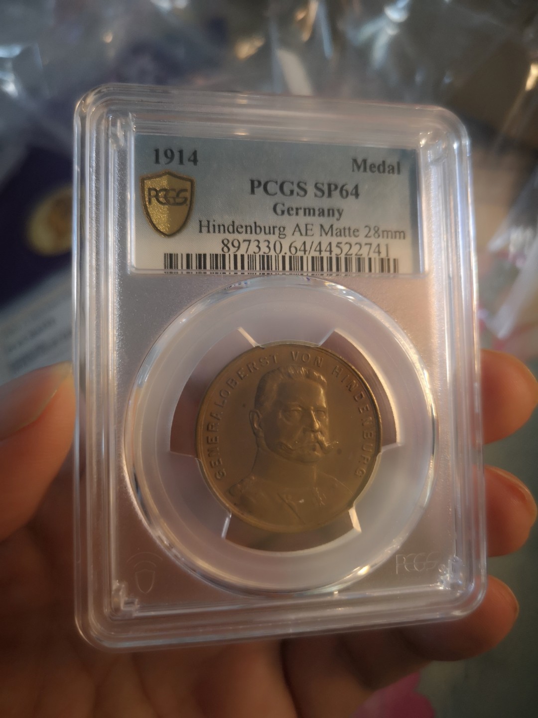长老汇精品老银币系列 德国1914兴登堡磨砂铜币，PCGS SP64