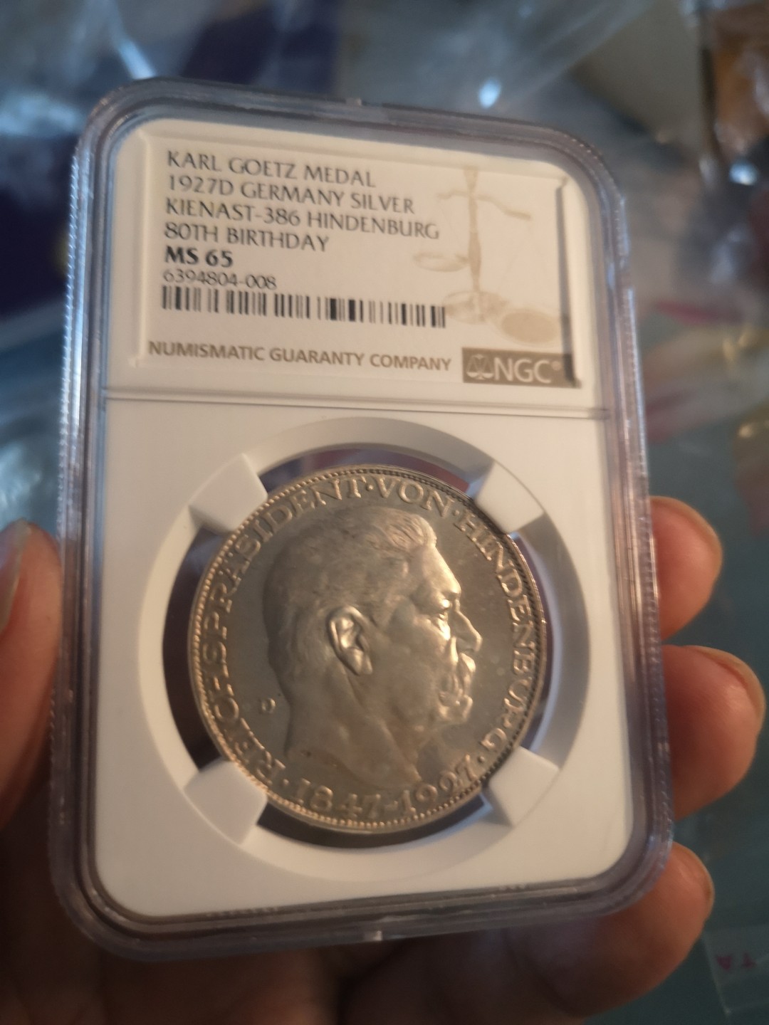 长老汇精品老银币系列 德国1927兴登堡80大寿5马克大银章，卡尔哥茨作品，NGC MS65